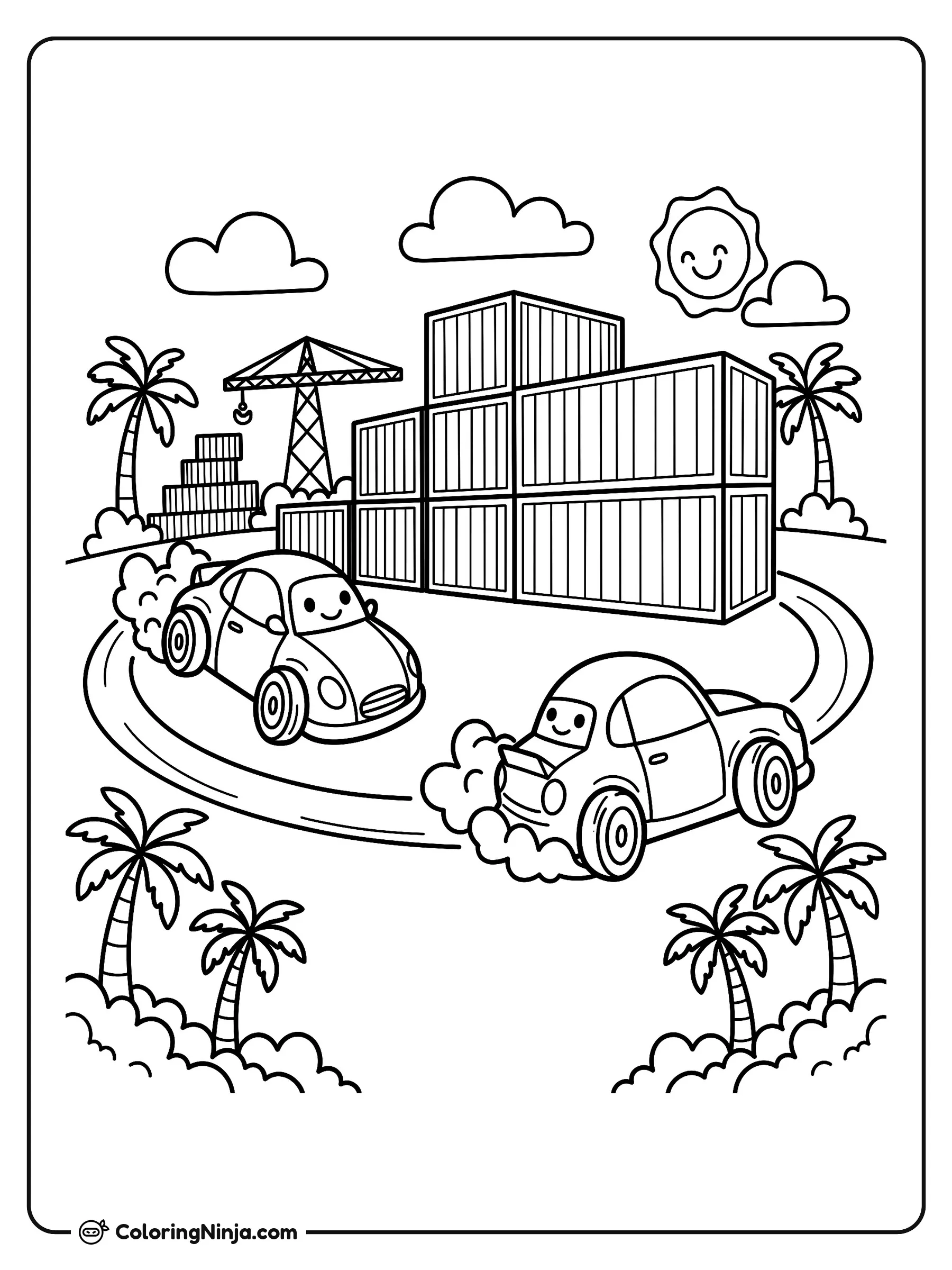 Autos derrapando en un puerto de carga, dibujo para colorear: Dos autos de carreras avanzan a toda velocidad por una pista curva entre contenedores de carga y palmeras.