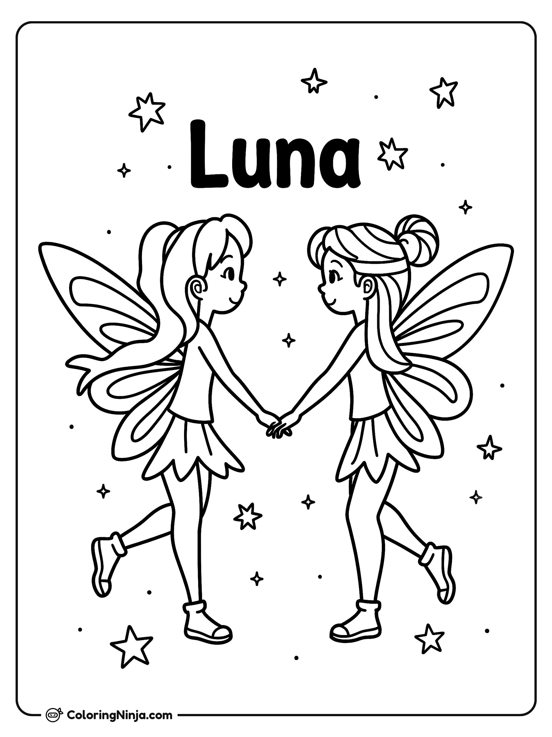 Dos hadas bajo el cielo Luna: dibujo para colorear