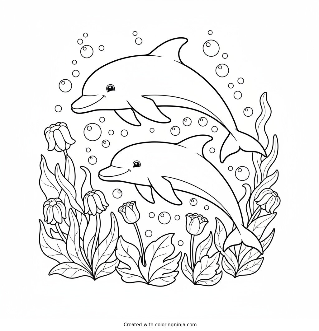 Friendly Dolphins Swimming Together Coloring Page