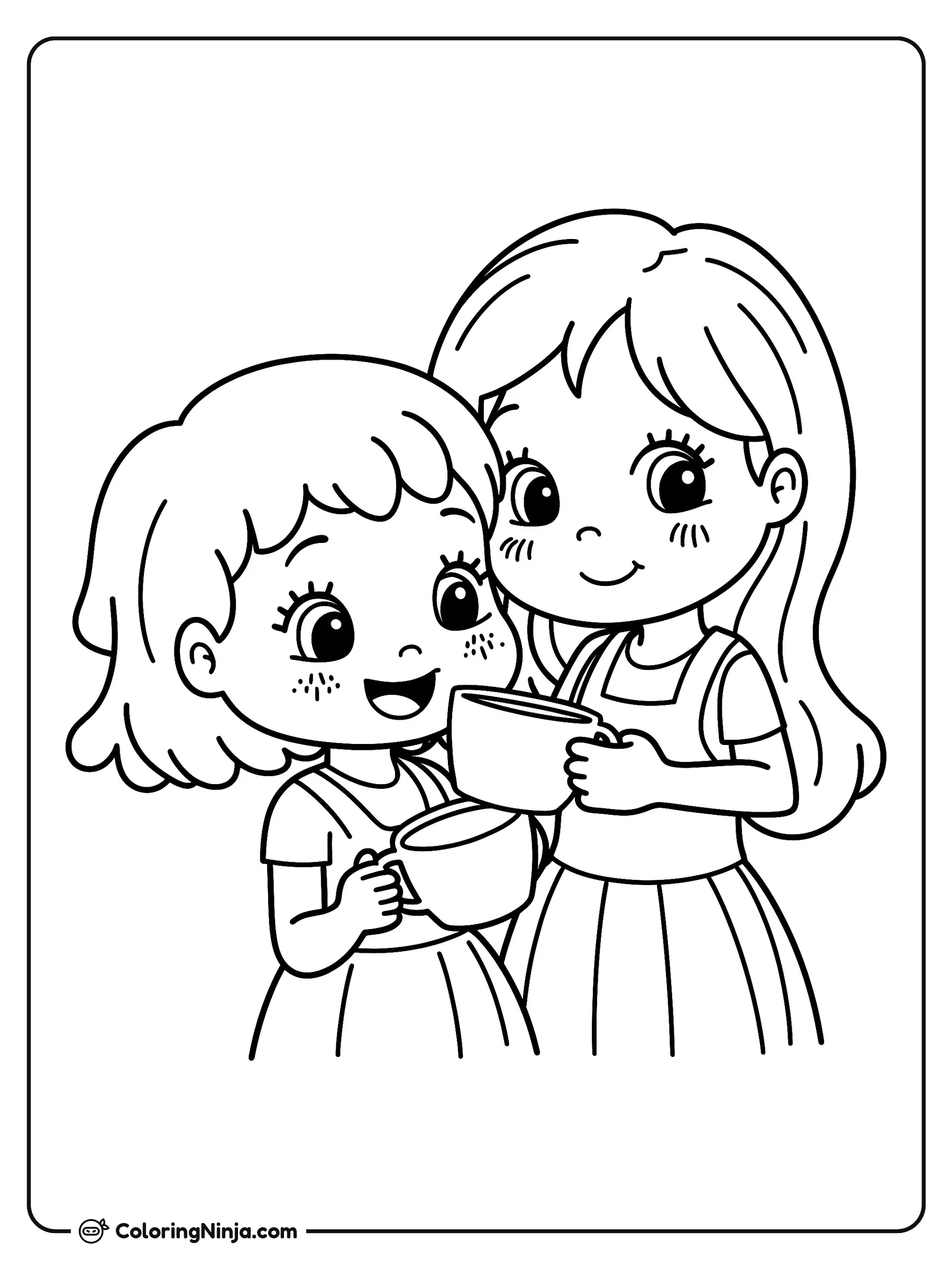 Dos niñas tiernas sosteniendo tazas de té, dibujo para colorear: Dos niñas muy tiernas están juntas compartiendo un momento feliz. Una de ellas tiene el cabello corto con pecas y la otra tiene el cabello largo, mientras ambas sostienen tazas pequeñas.