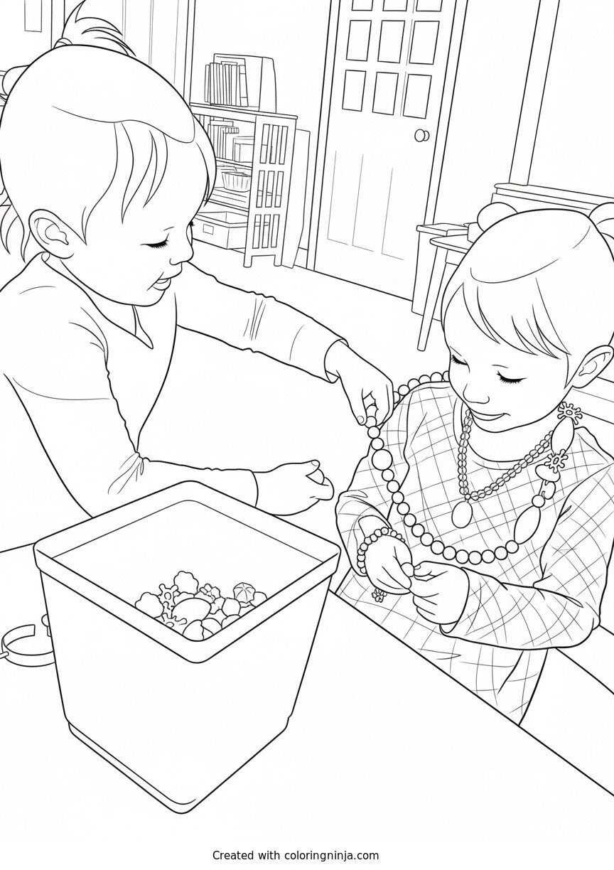 Coloring page of Two Girls Playing with Beads and Jewelry