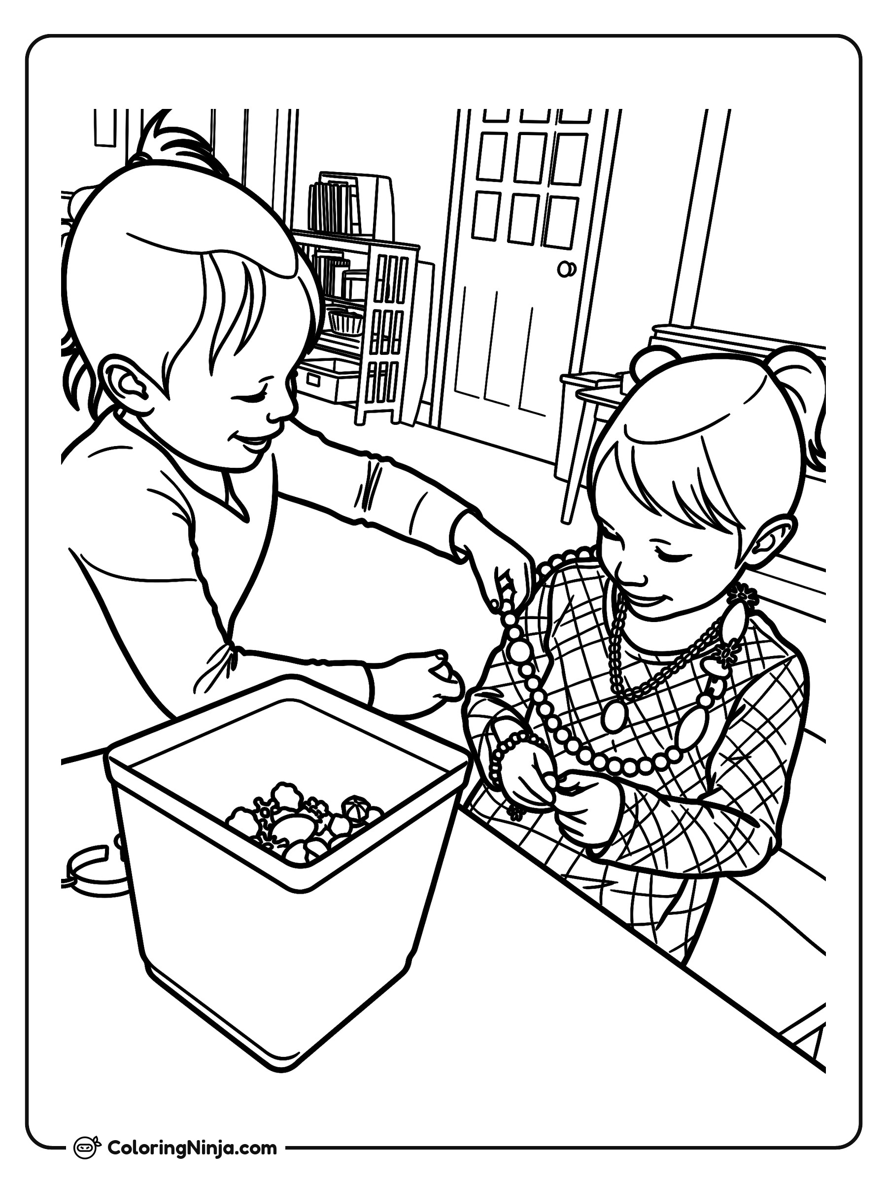 Dos niñas jugando con cuentas y joyas: dibujo para colorear