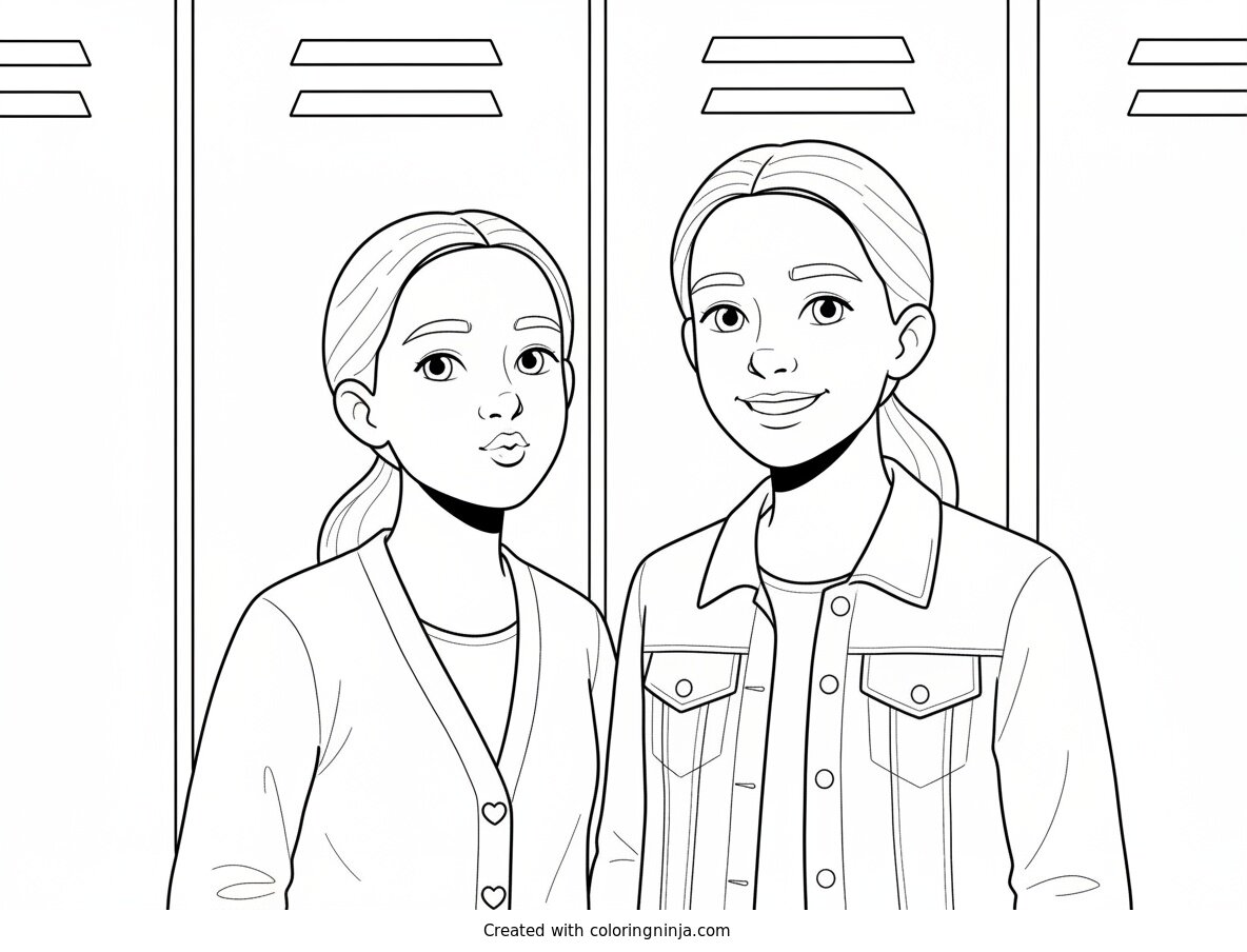 Coloring page of Two Girls Posing in Front of Lockers