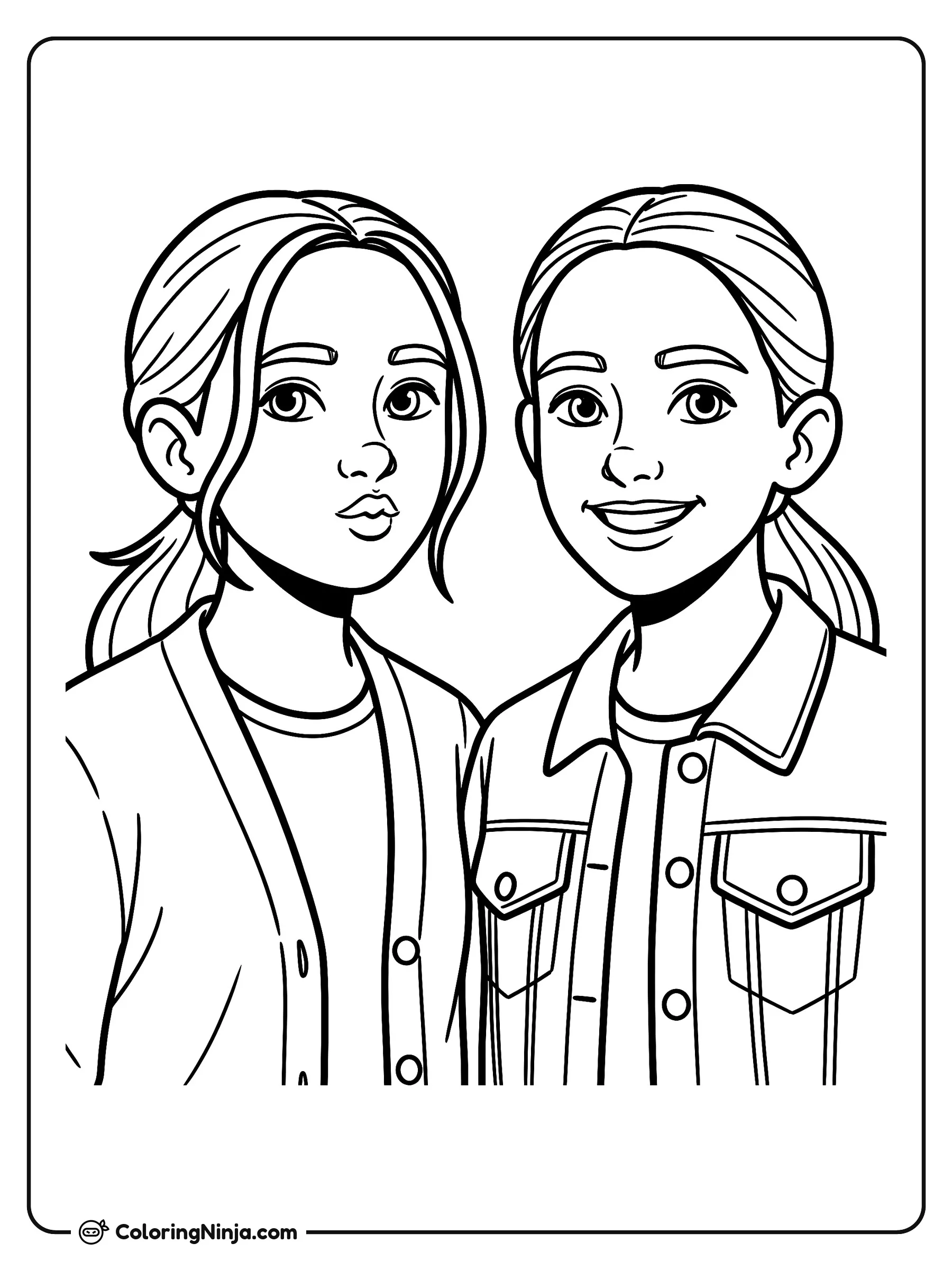 Retrato de dos amigas posando juntas, dibujo para colorear: Dos niñas posan juntas en un retrato cercano usando sus chaquetas favoritas. Una de las amigas hace una mueca divertida mientras la otra sonríe alegremente.