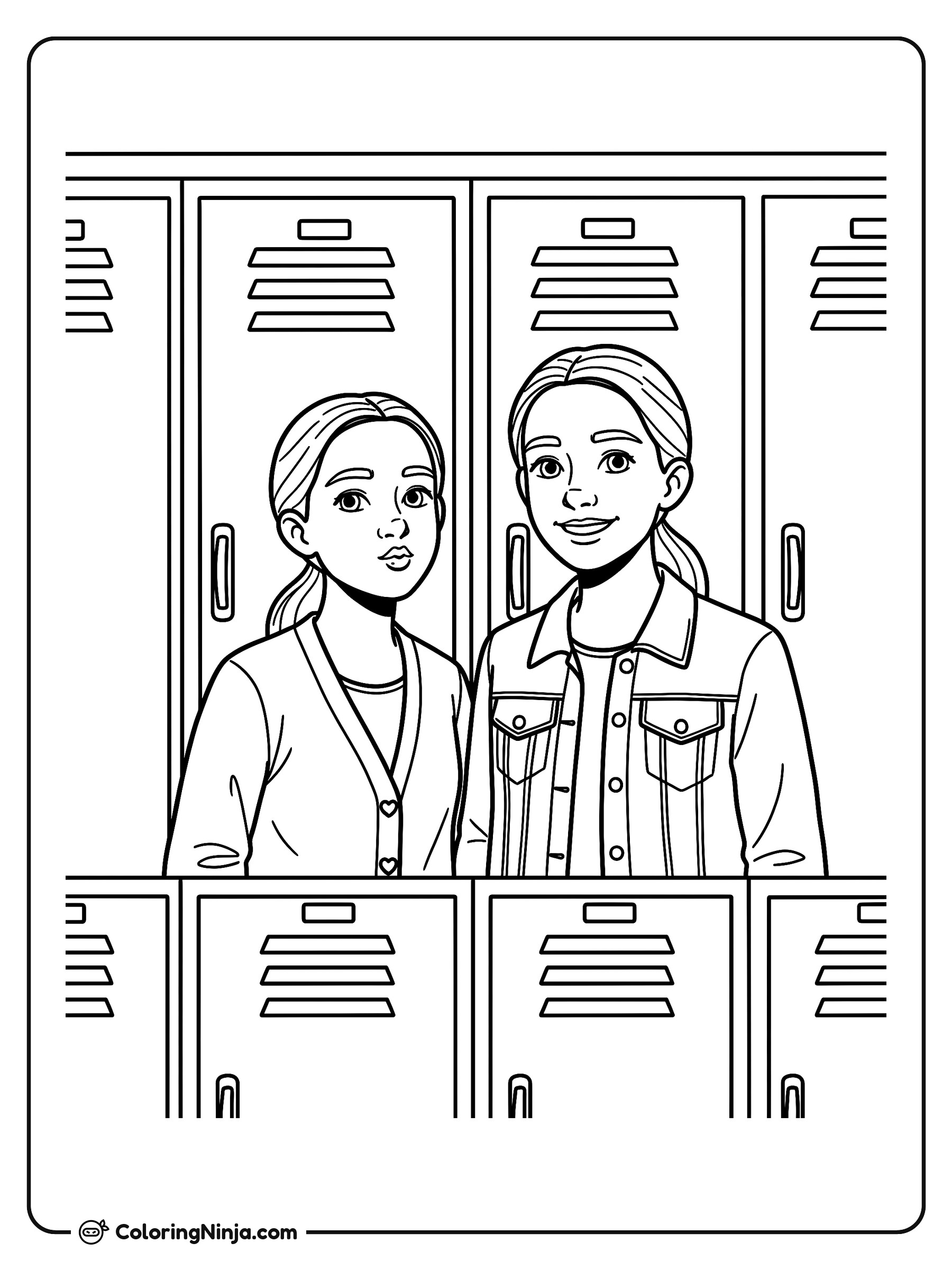 Dos niñas posando frente a los casilleros: dibujo para colorear