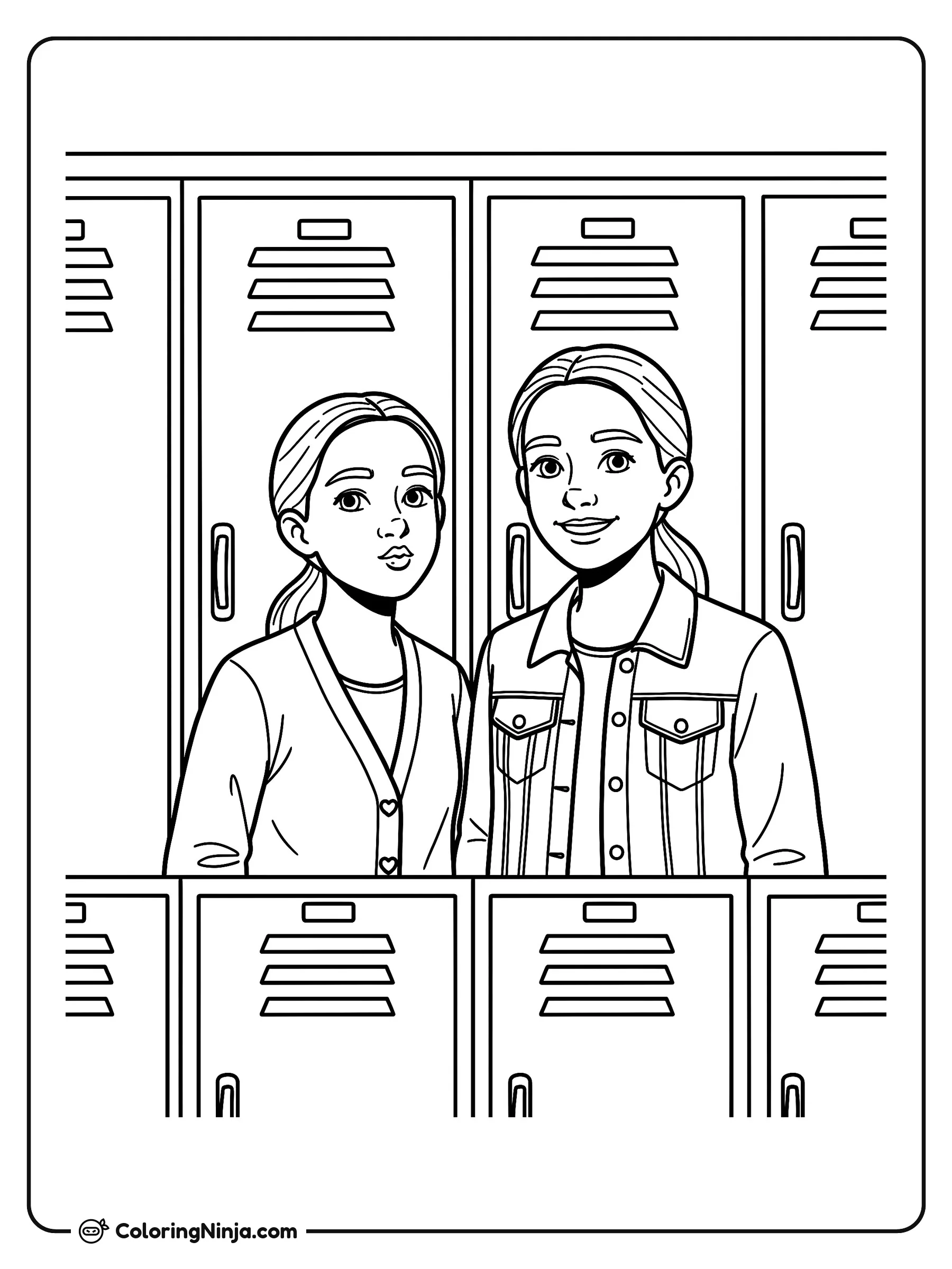 Dos niñas posando frente a los casilleros, dibujo para colorear: Dos amigas posan muy felices en un pasillo escolar lleno de casilleros metálicos. Una de las niñas viste un suéter tejido mientras la otra lleva una linda chaqueta abotonada.