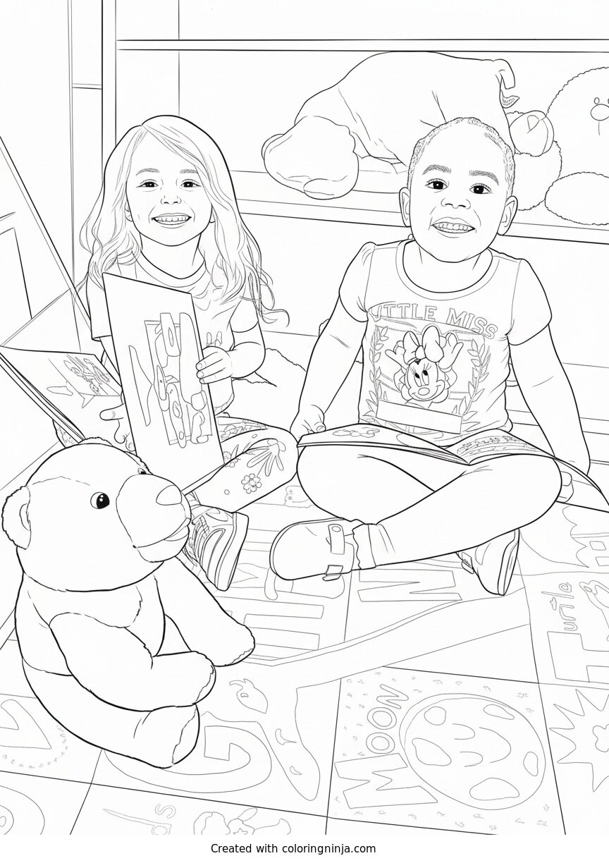 Coloring page of Two Girls Reading Books with a Teddy Bear