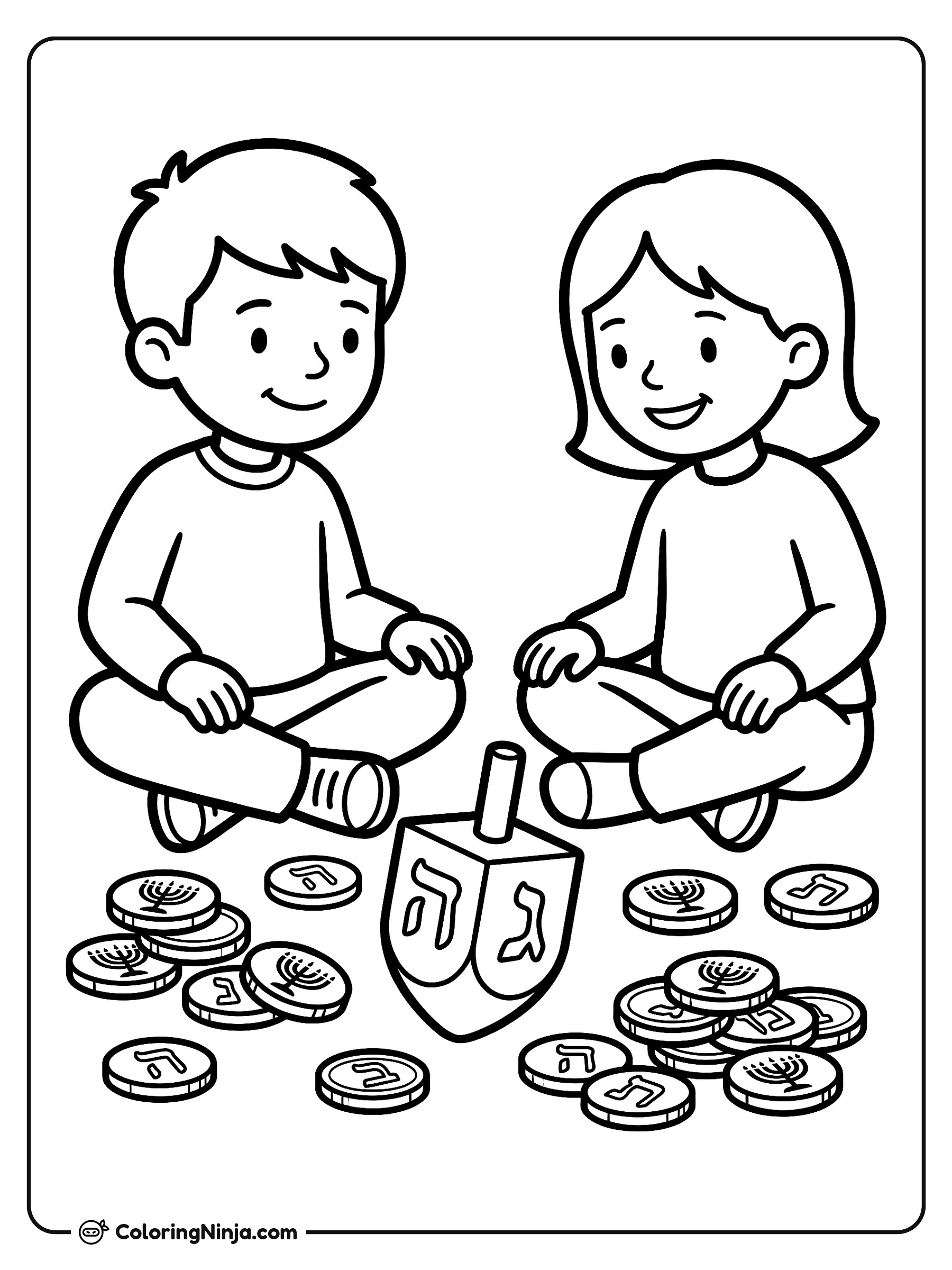 Children Playing Dreidel Game Coloring Page