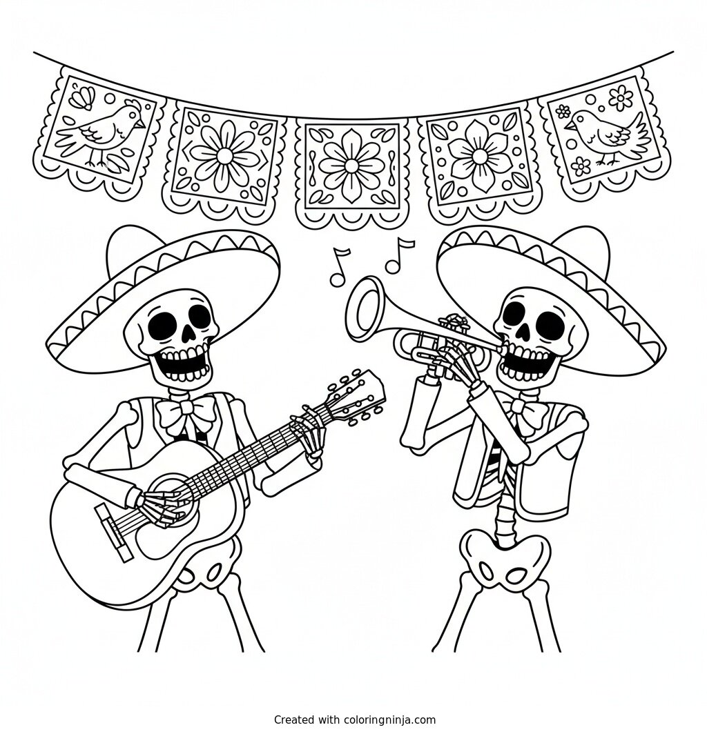 Dancing Skeleton Musicians Coloring Page