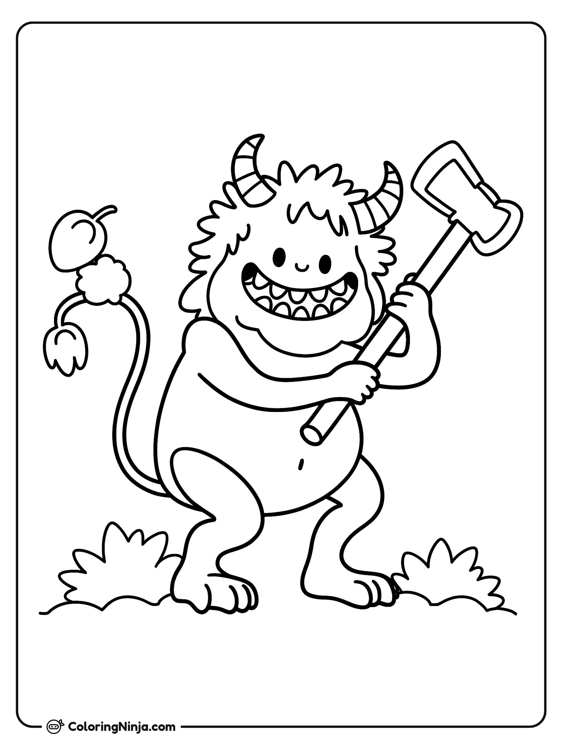Monstruo peludo con hacha, dibujo para colorear: Un divertido monstruo peludo con cuernos a rayas y una gran sonrisa sostiene un hacha con ambas manos. A su alrededor hay hierba y tiene una cola muy peculiar con pequeñas ramificaciones.