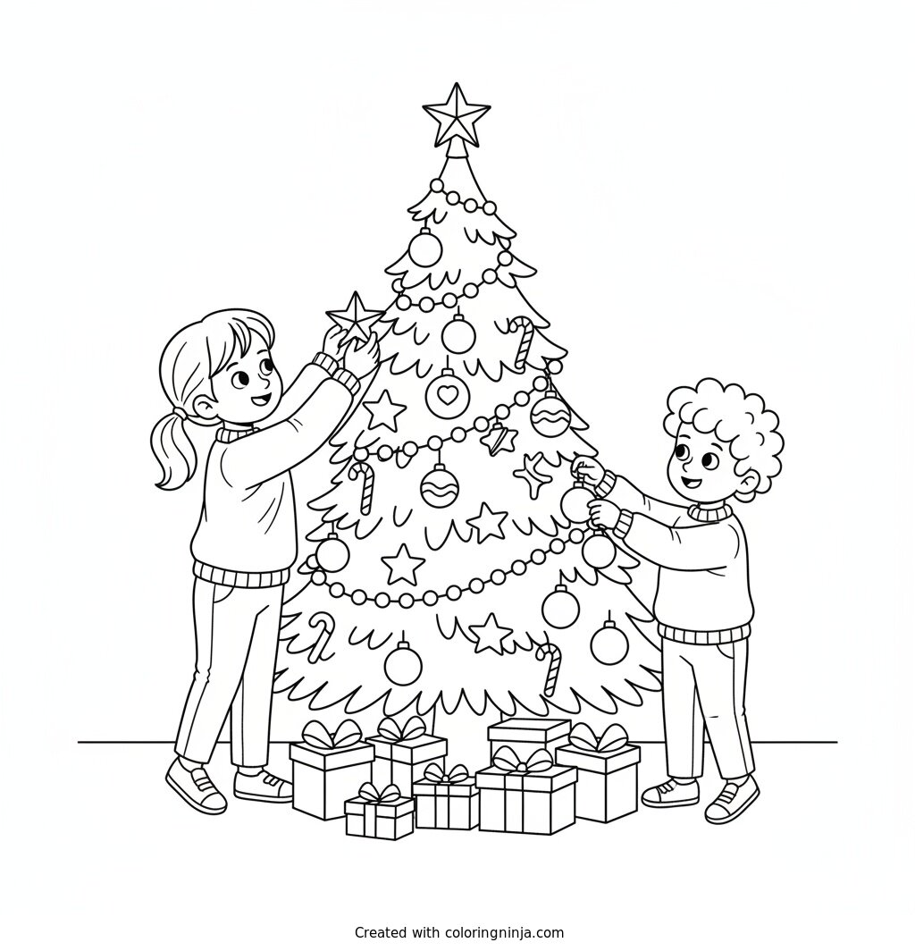 Two Kids Decorating a Christmas Tree Coloring Page