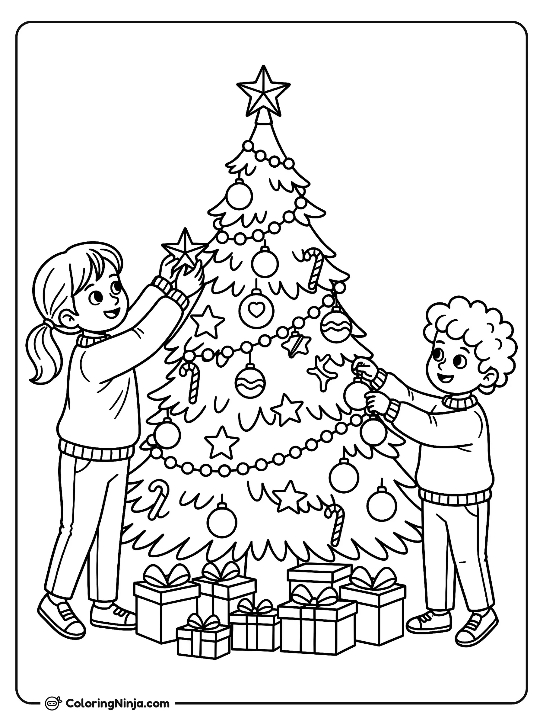Two Kids Decorating a Christmas Tree Coloring Page: This coloring page features two children decorating a Christmas tree. The kids are hanging ornaments and decorations on the branches of the festive tree.