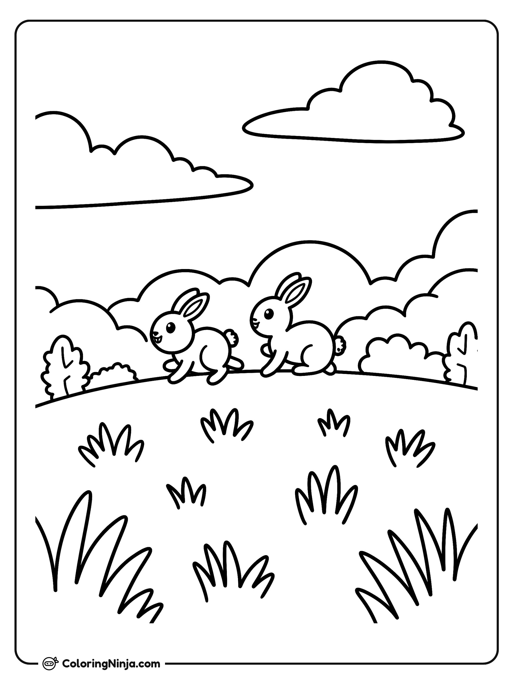 Dos conejos corriendo por una colina: dibujo para colorear