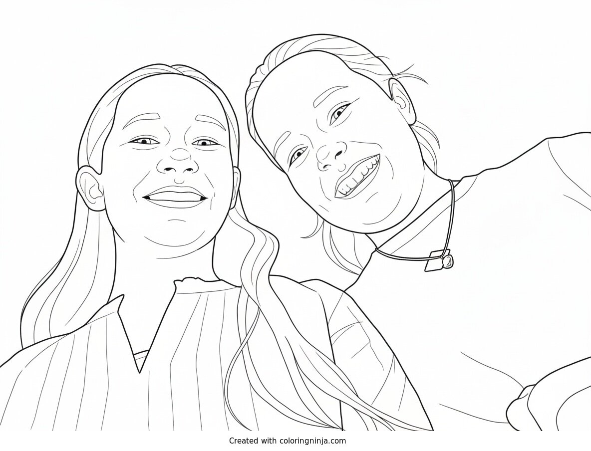 Coloring page of Two Smiling Girls Looking Down