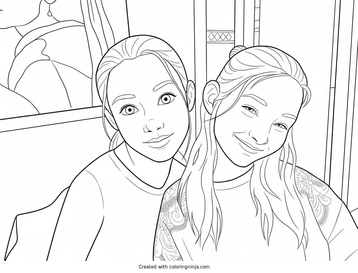 Coloring page of Two Smiling Girls Posing for a Photo