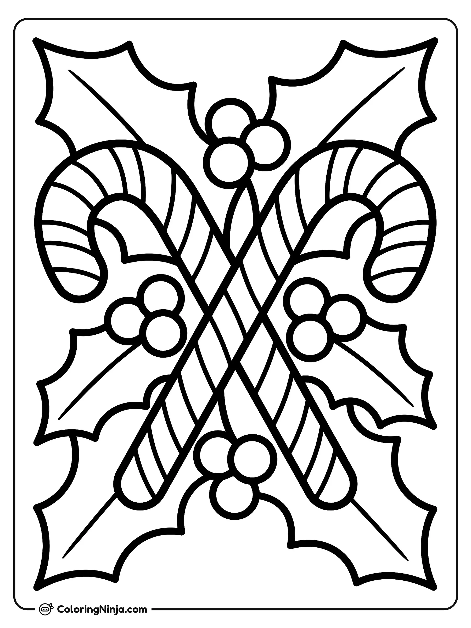 Crossed Canes and Holly Coloring Page: Two traditional striped candy canes overlap in the center of the image. Surrounding the intersection are three pointed holly leaves and a small cluster of round berries.