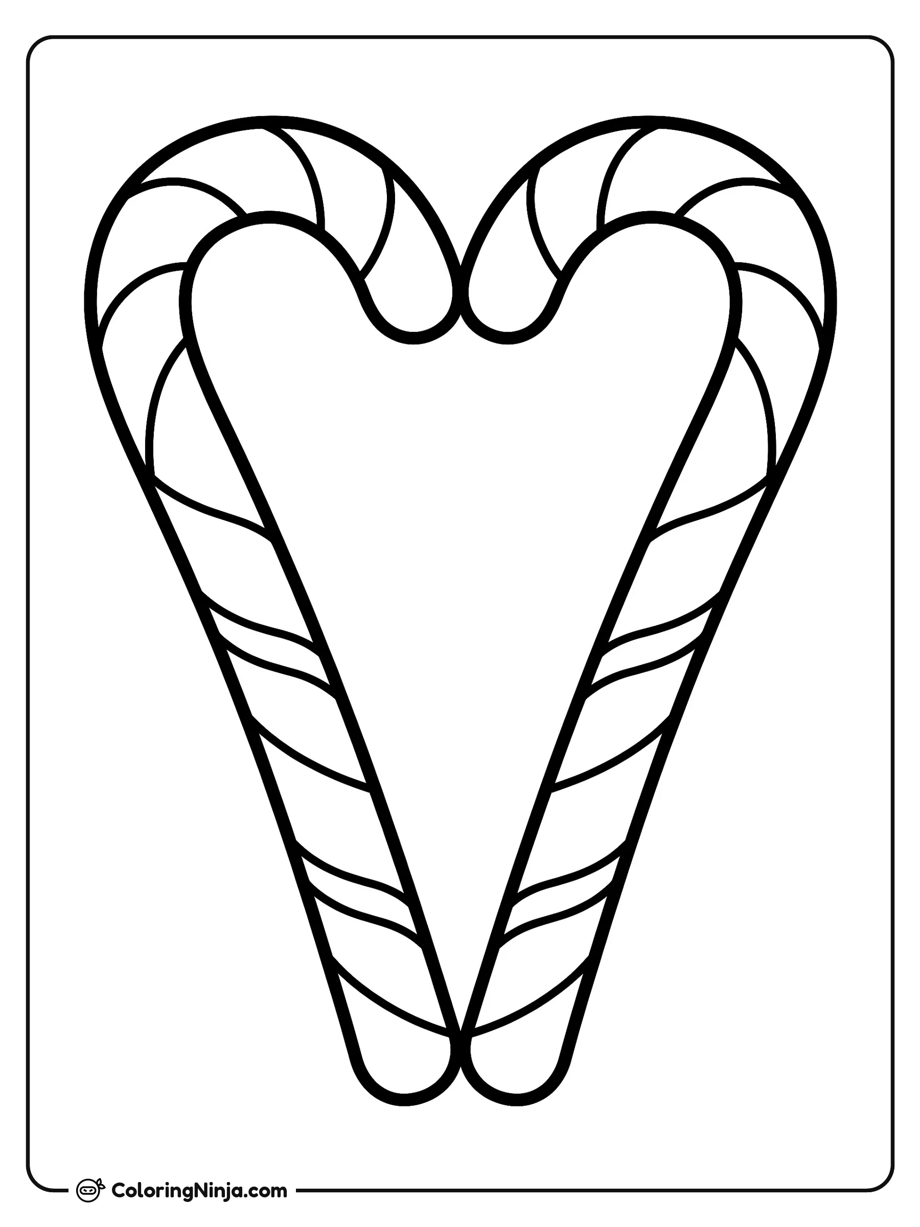 Sweet Candy Cane Heart Coloring Page: In this design, two candy canes touch at their curved tops and straight bases to outline a heart shape. Clear diagonal stripes cover both pieces of candy.