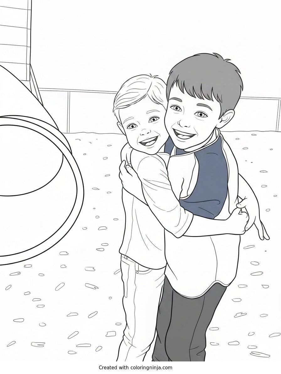Coloring page of Two Young Boys Hugging at the Playground