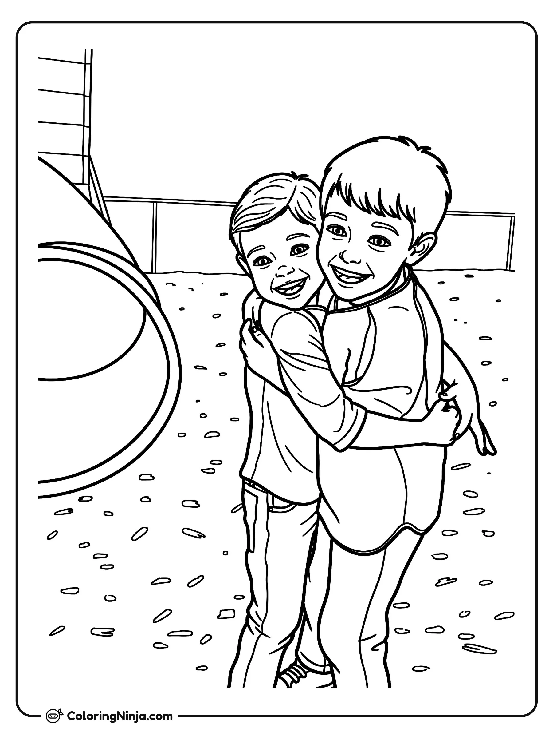 Dos niños abrazándose en el parque, dibujo para colorear: Dos pequeños amigos se dan un cariñoso abrazo en el parque infantil, cerca de un gran tobogán.