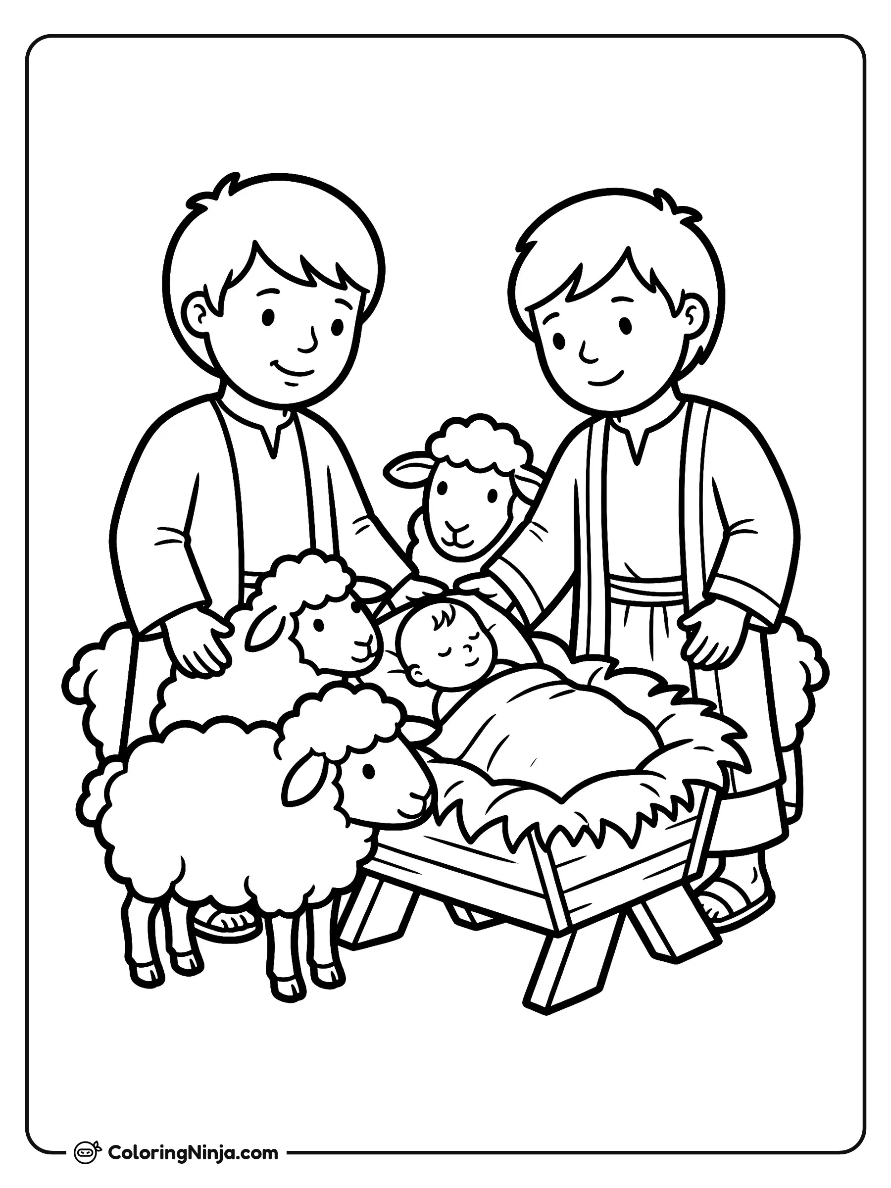 Shepherds Visit the Manger Coloring Page: This page depicts two smiling shepherds holding wooden walking sticks alongside three fluffy sheep with curly wool. They are standing near baby Jesus in his wooden crib inside the barn.