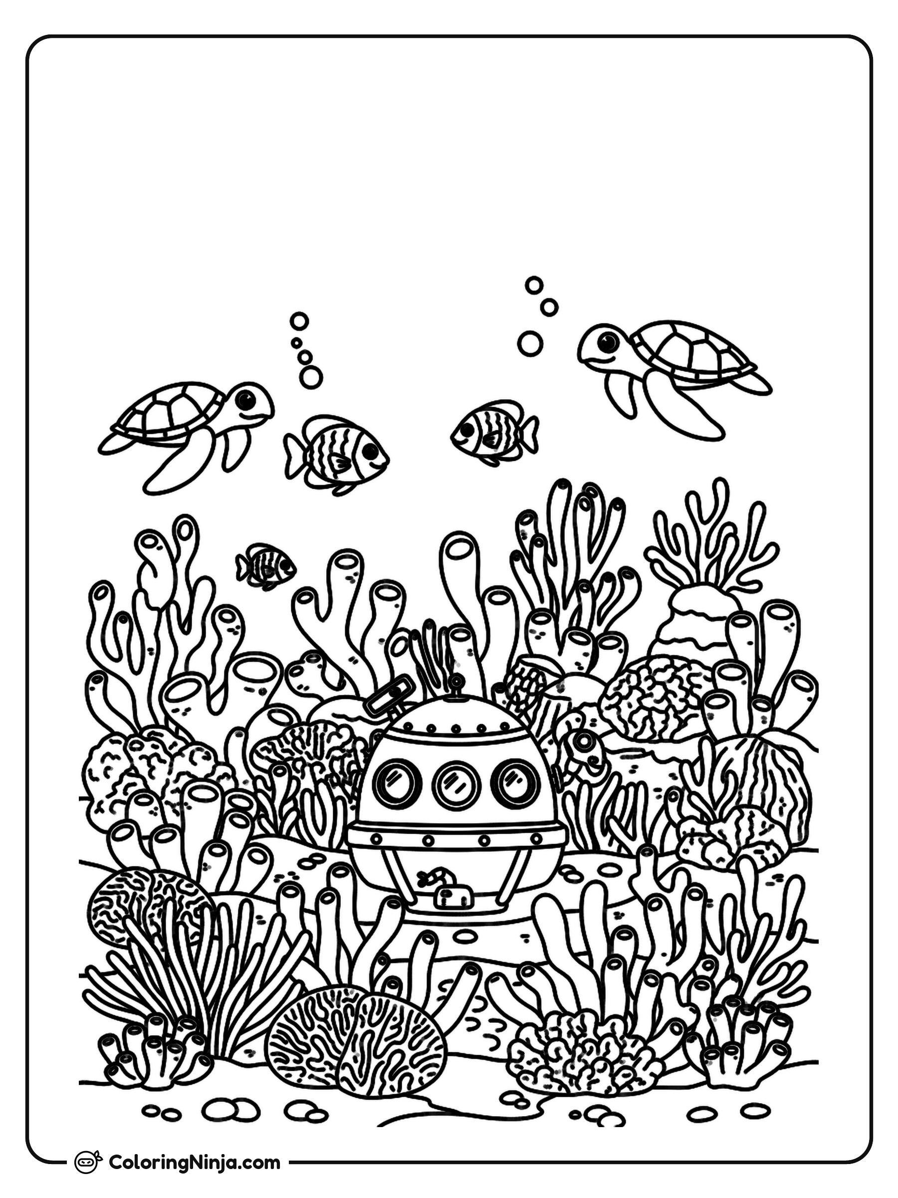 Arrecife de coral australiano y estación submarina: dibujo para colorear