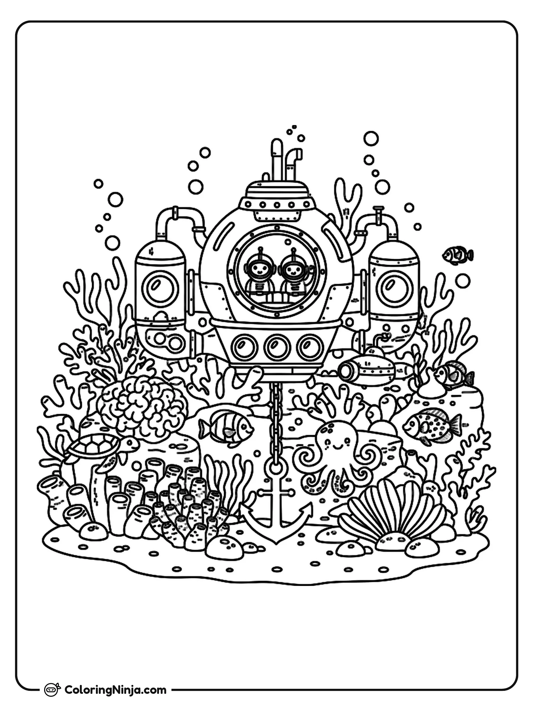 Australian Coral Reef and Underwater Station Coloring Page: An Australian coral reef surrounds a detailed underwater station. Marine life and coral formations fill the ocean environment around the submerged facility.