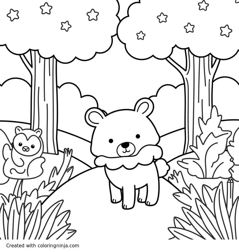 A coloring page of un bosque encantado con grandes arboles y un niño caminando por un sendero