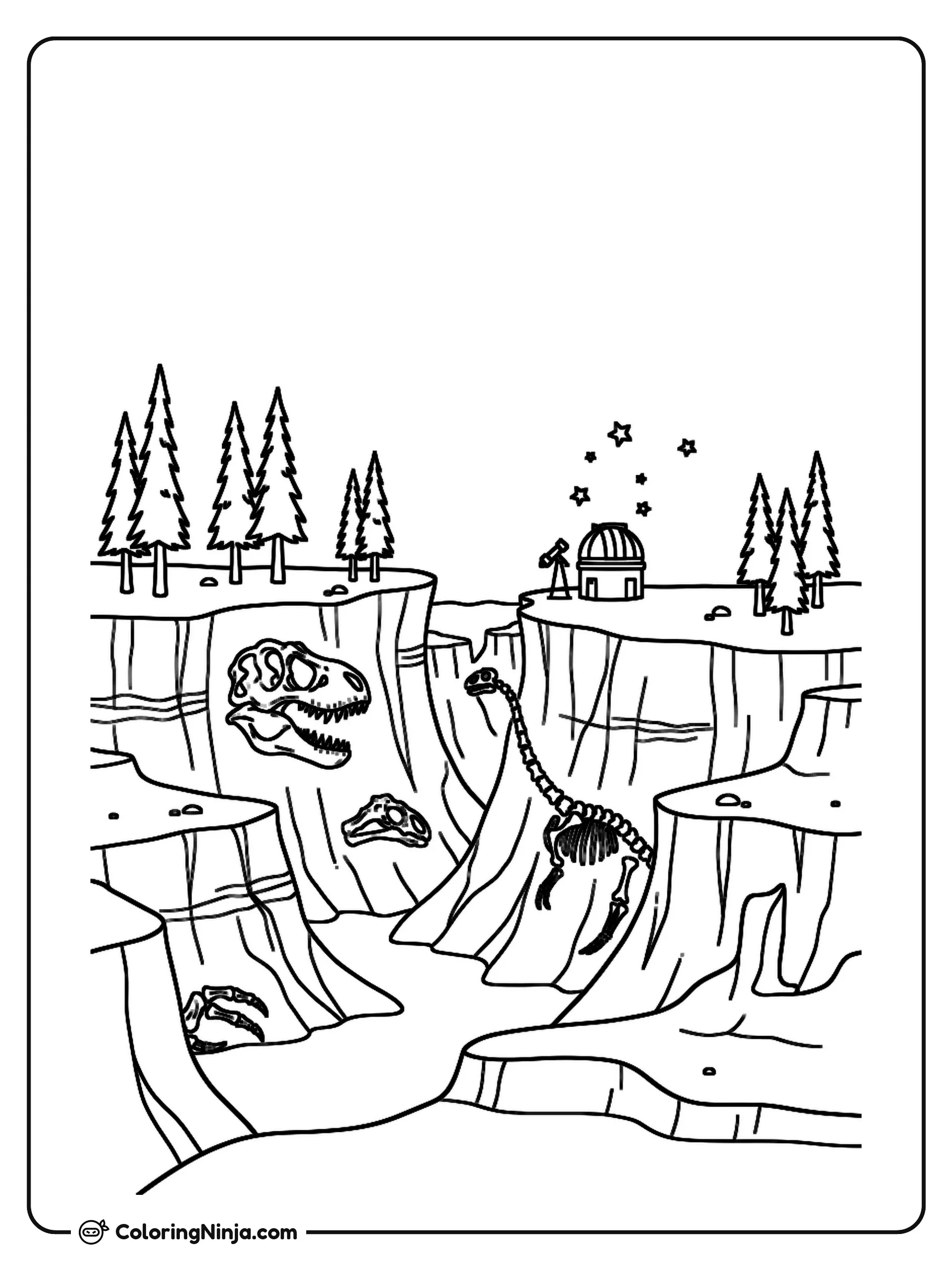 Red Canyon With Dinosaur Fossils Coloring Page: This page features a scene set in a reddish American canyon surrounded by pine trees. Ancient dinosaur fossils are embedded in the rocky ground and cliffside.