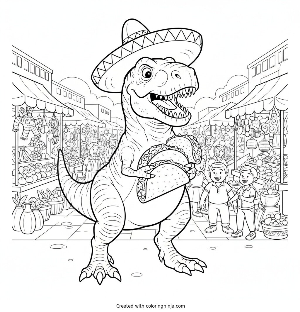 Dinosaurio comiendo tacos en México: dibujo para colorear