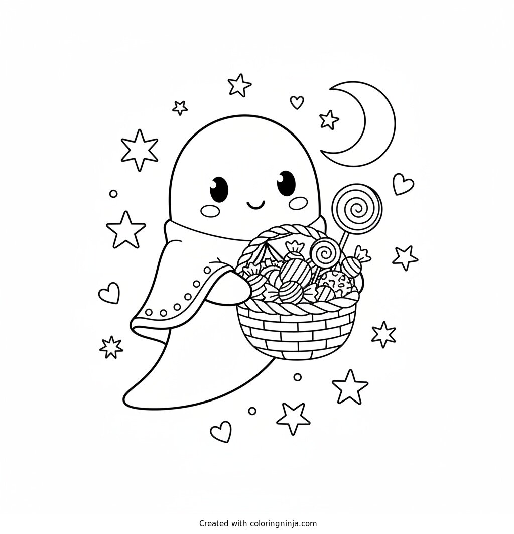 Un Fantasmita Adorable Con Caramelos Coloring Page