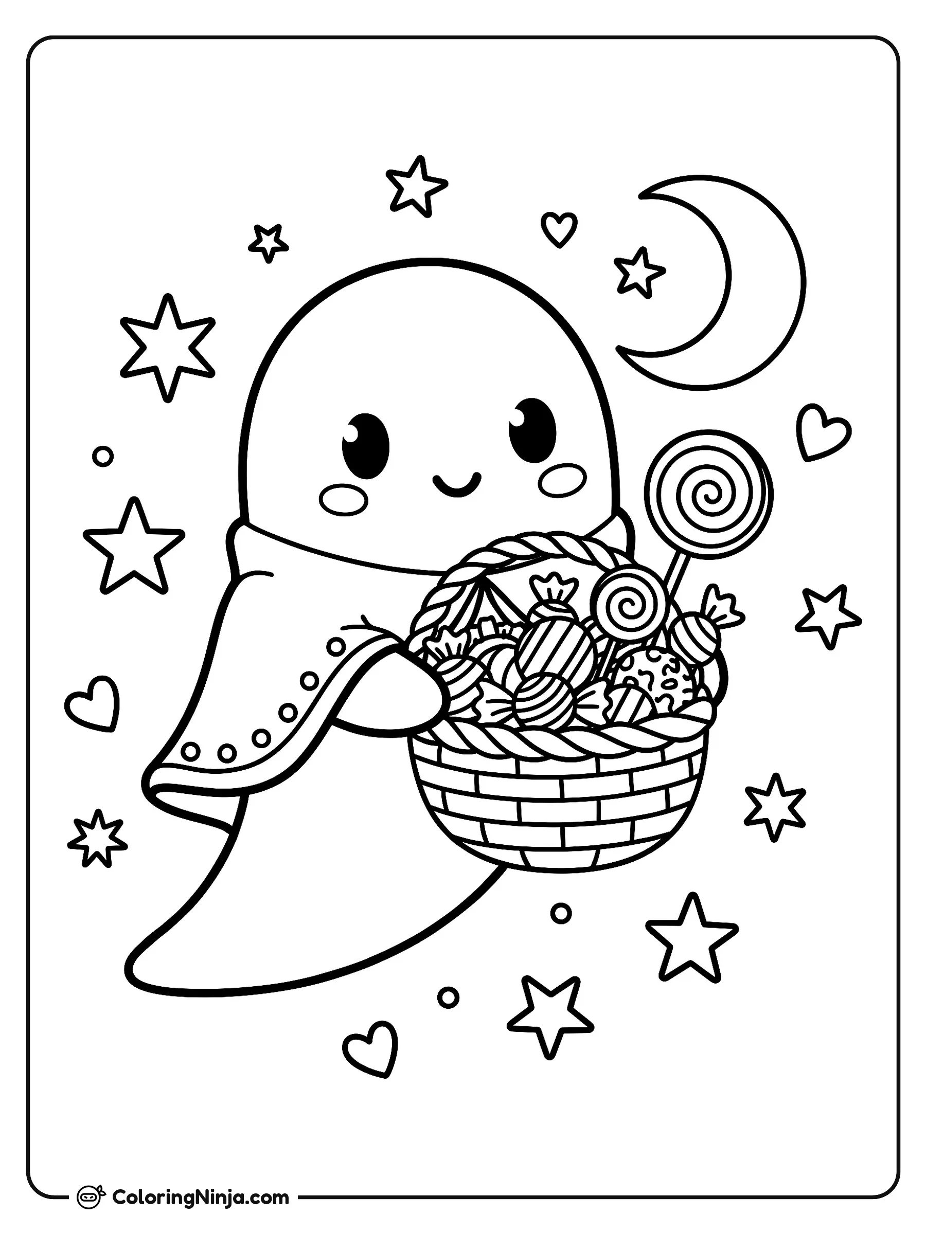 Fantasmita Adorable con Dulces, dibujo para colorear: Un fantasmita adorable con una pequeña capa sostiene una canasta llena de paletas y dulces envueltos.