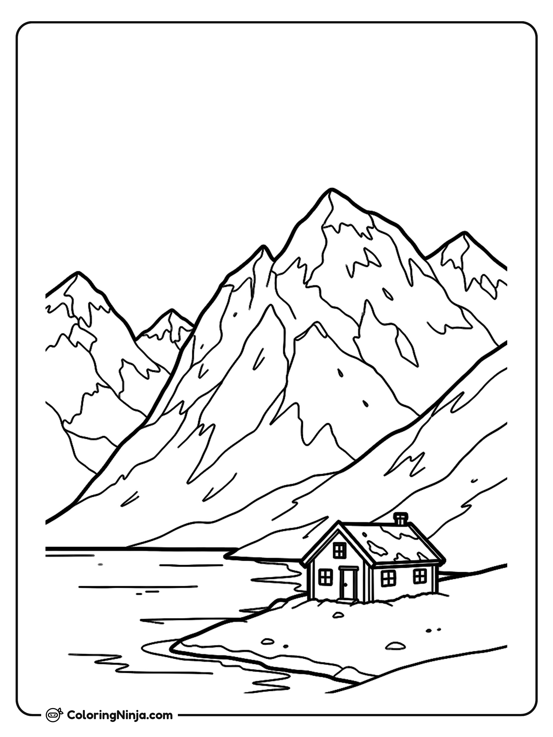 Norwegian Fjord and Snowy Mountains Coloring Page
