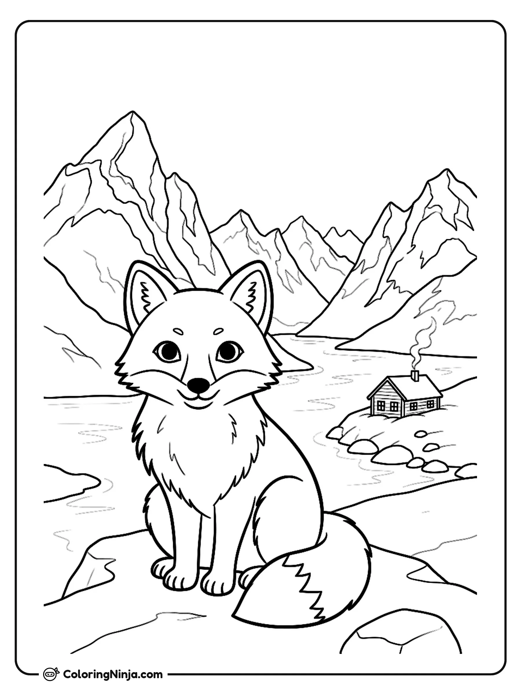 Norwegian Fox In A Fjord Coloring Page: A fox stands in the foreground of a Norwegian landscape. Behind the fox is a small traditional Norwegian house set near a fjord, with snow-capped Norwegian mountains filling the scenery.
