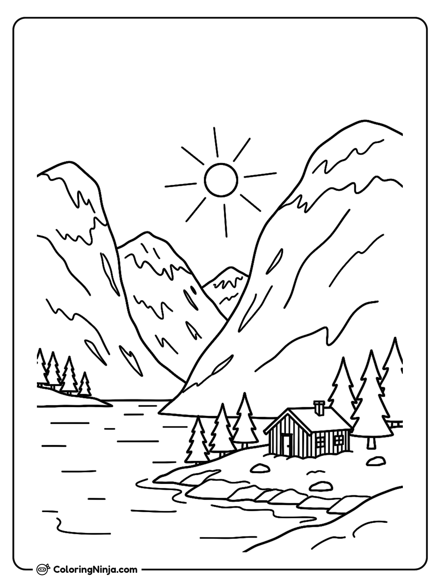 Norwegian Fjord and Wooden Cabin Coloring Page