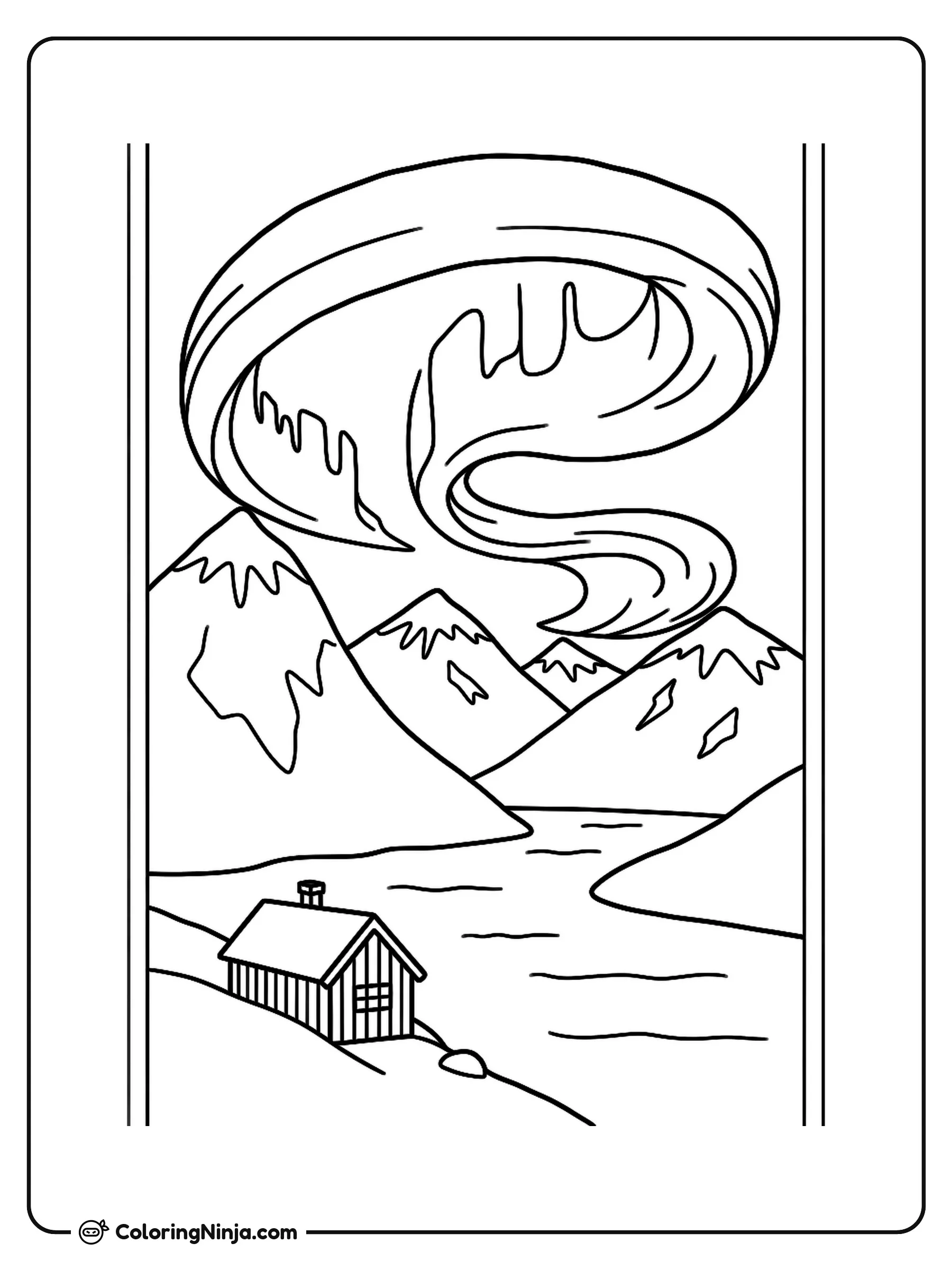 Norwegian Fjord and Red House Coloring Page: This coloring page depicts a scenery featuring a Norwegian fjord framed by snowy mountains. A small red house sits along the water under a night sky filled with the northern lights.