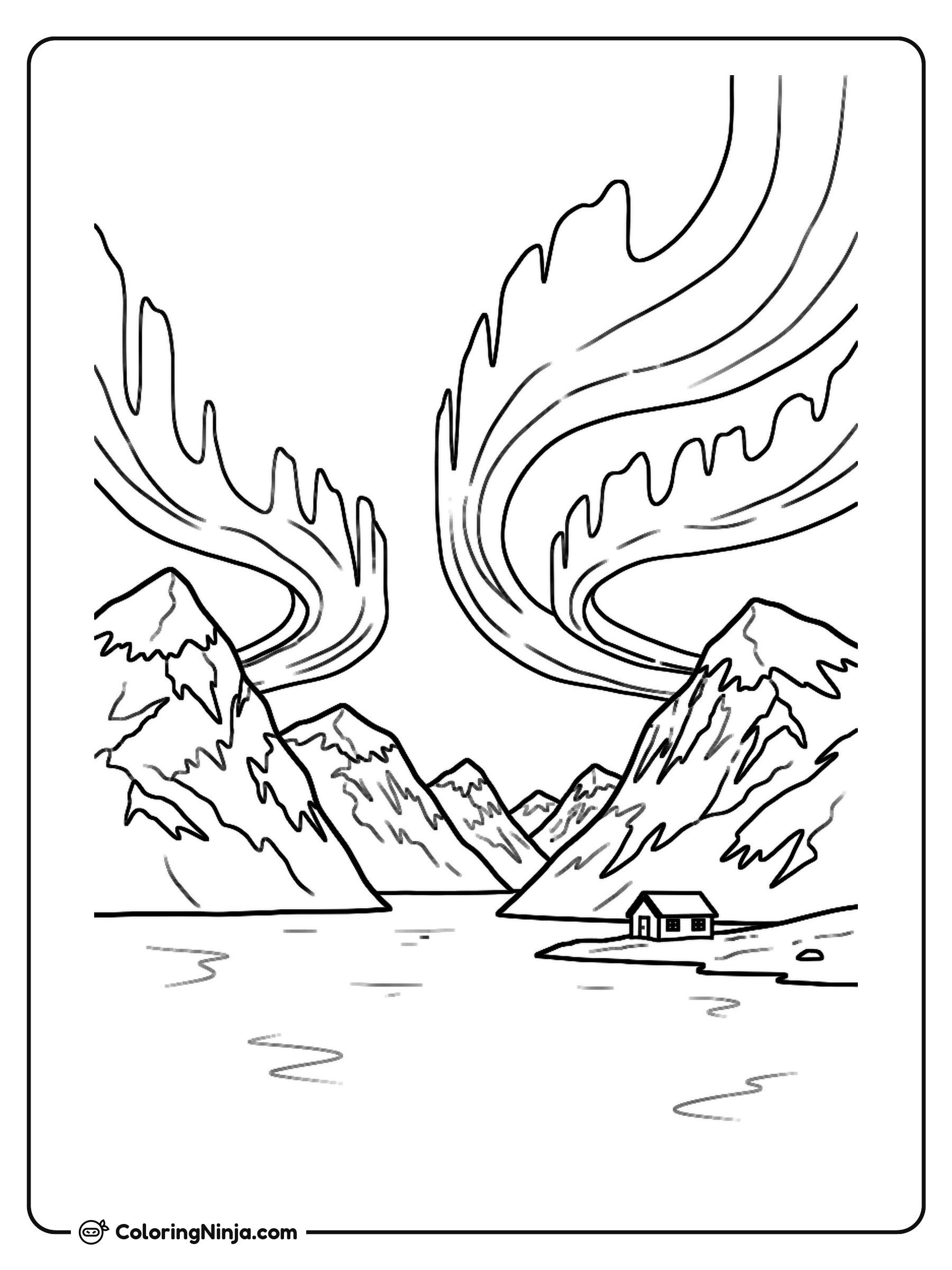Norwegian Fjord and Northern Lights Coloring Page