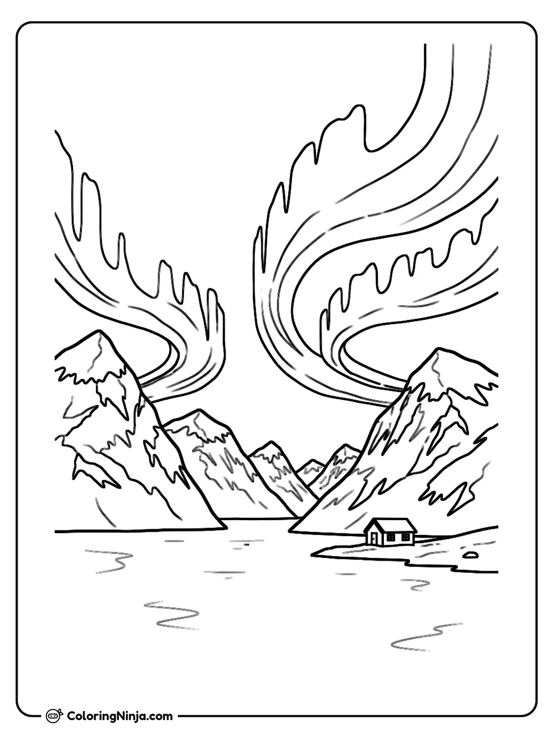 Norwegian Fjord and Northern Lights Coloring Page: This page shows a quiet Norwegian fjord surrounded by tall snowy mountains. A cozy traditional Norwegian house sits near the water under a night sky filled with the swirling northern lights.