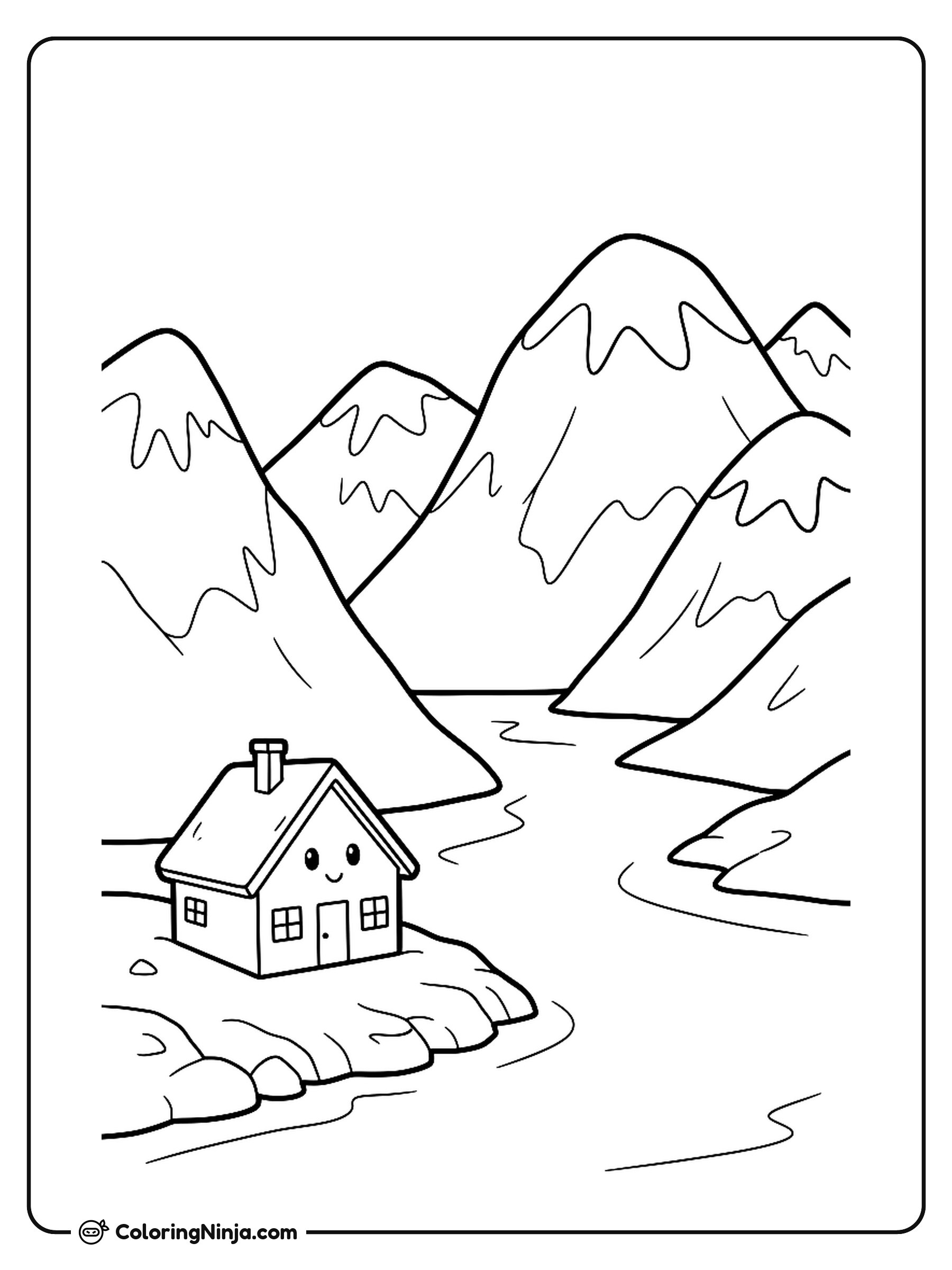 Norwegian Fjord and Snowy Mountains Coloring Page