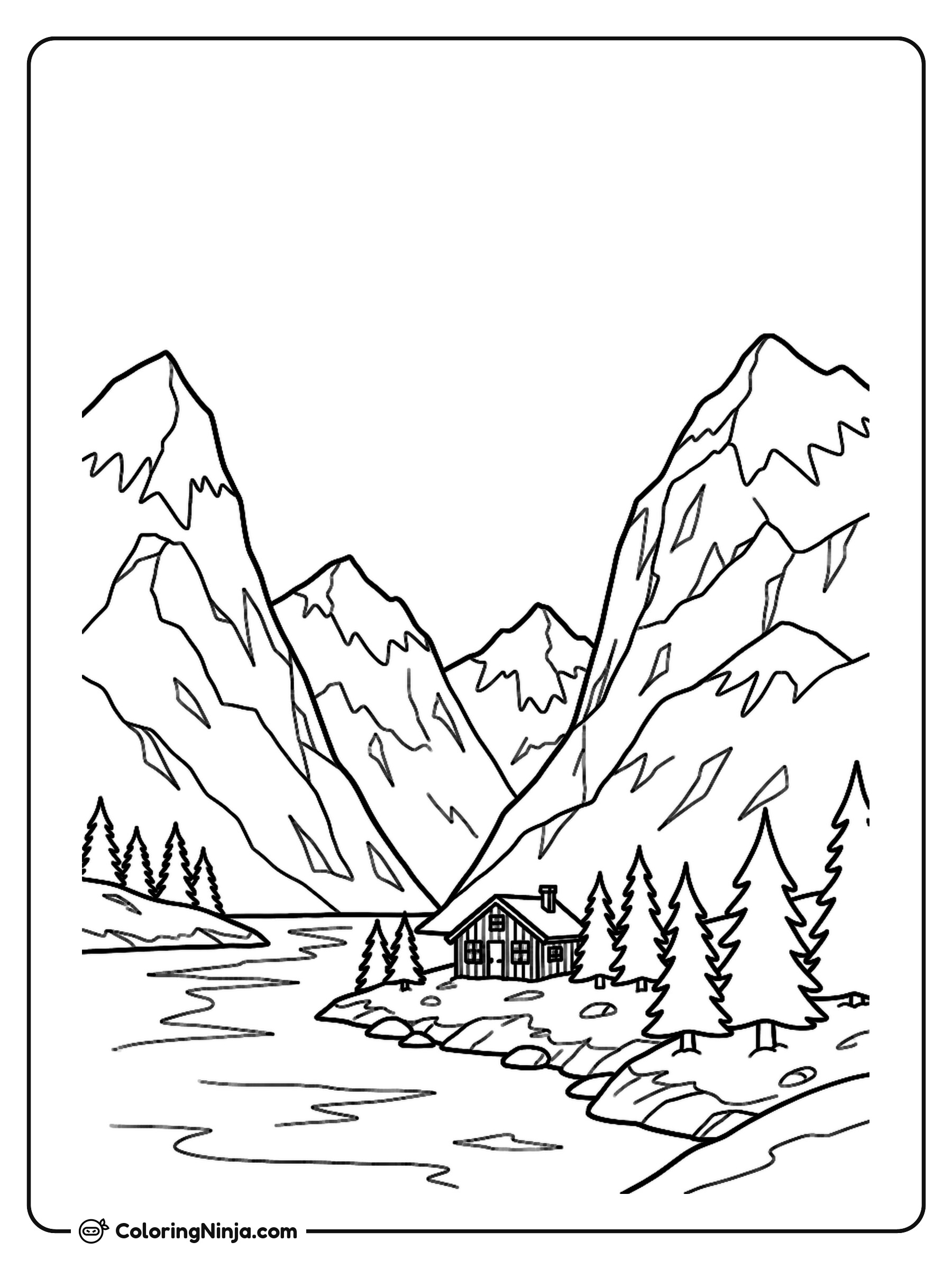 Norwegian Fjord and Snowy Mountains Coloring Page