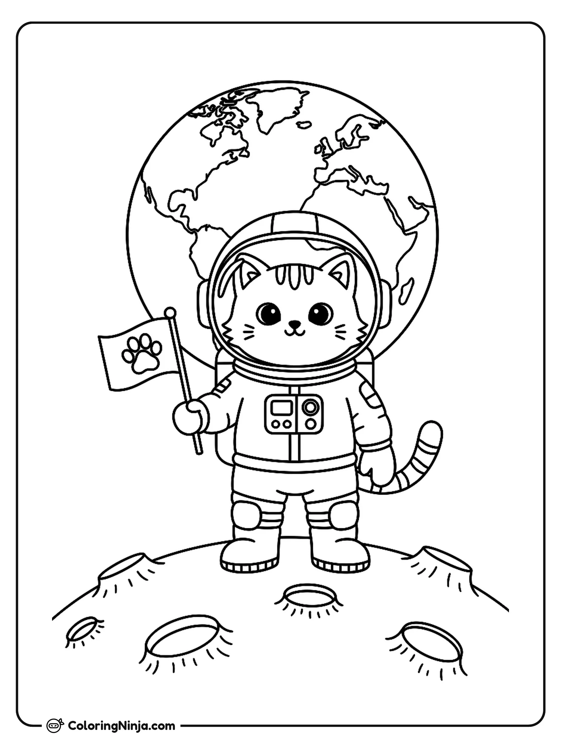 Un gato astronauta en la Luna, dibujo para colorear: Un adorable gato con traje espacial explora la superficie de la Luna mientras sostiene una pequeña bandera. Al fondo se observa el planeta Tierra y varios cráteres a su alrededor.