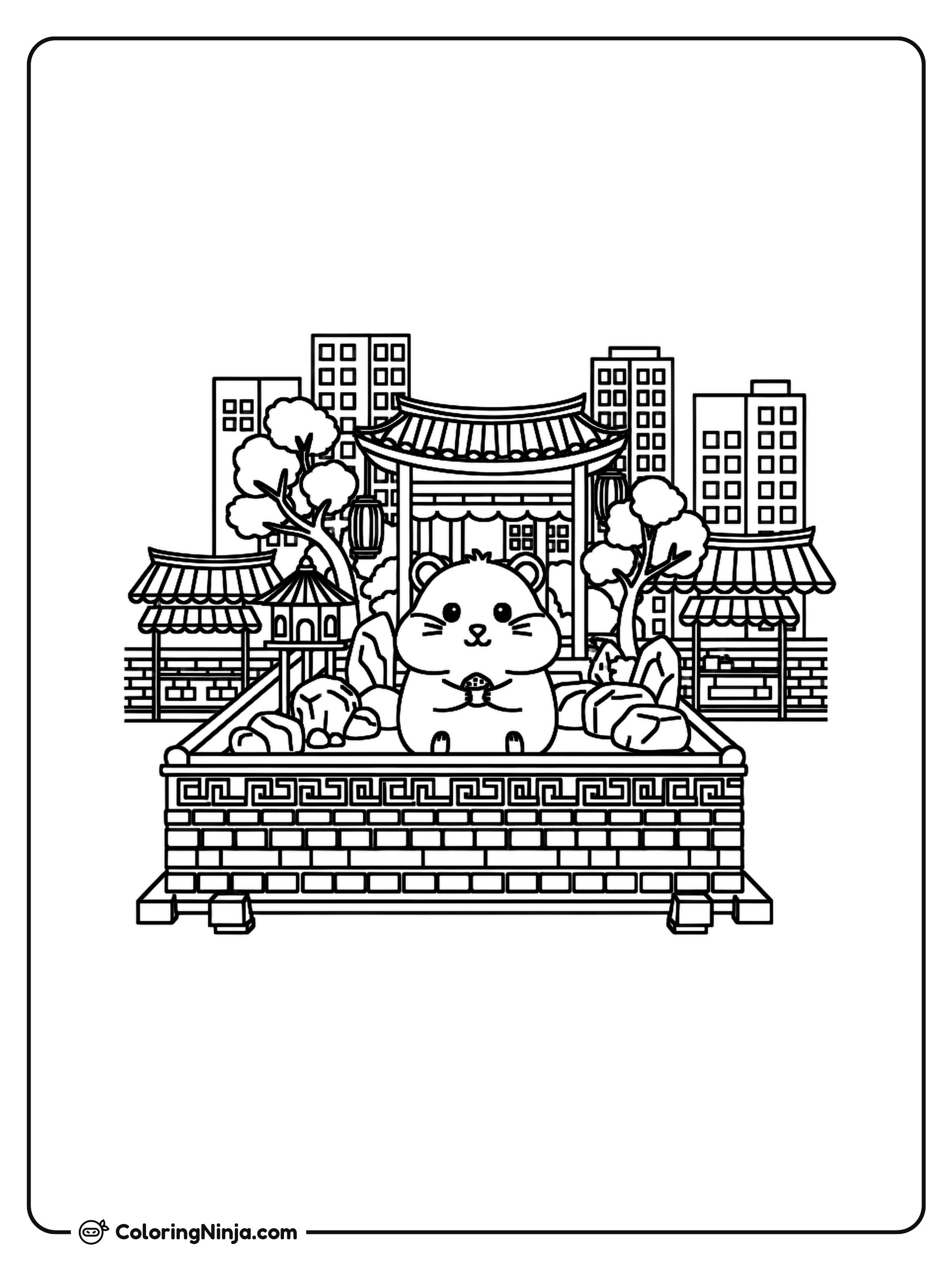 Hámster en un jardín coreano: dibujo para colorear
