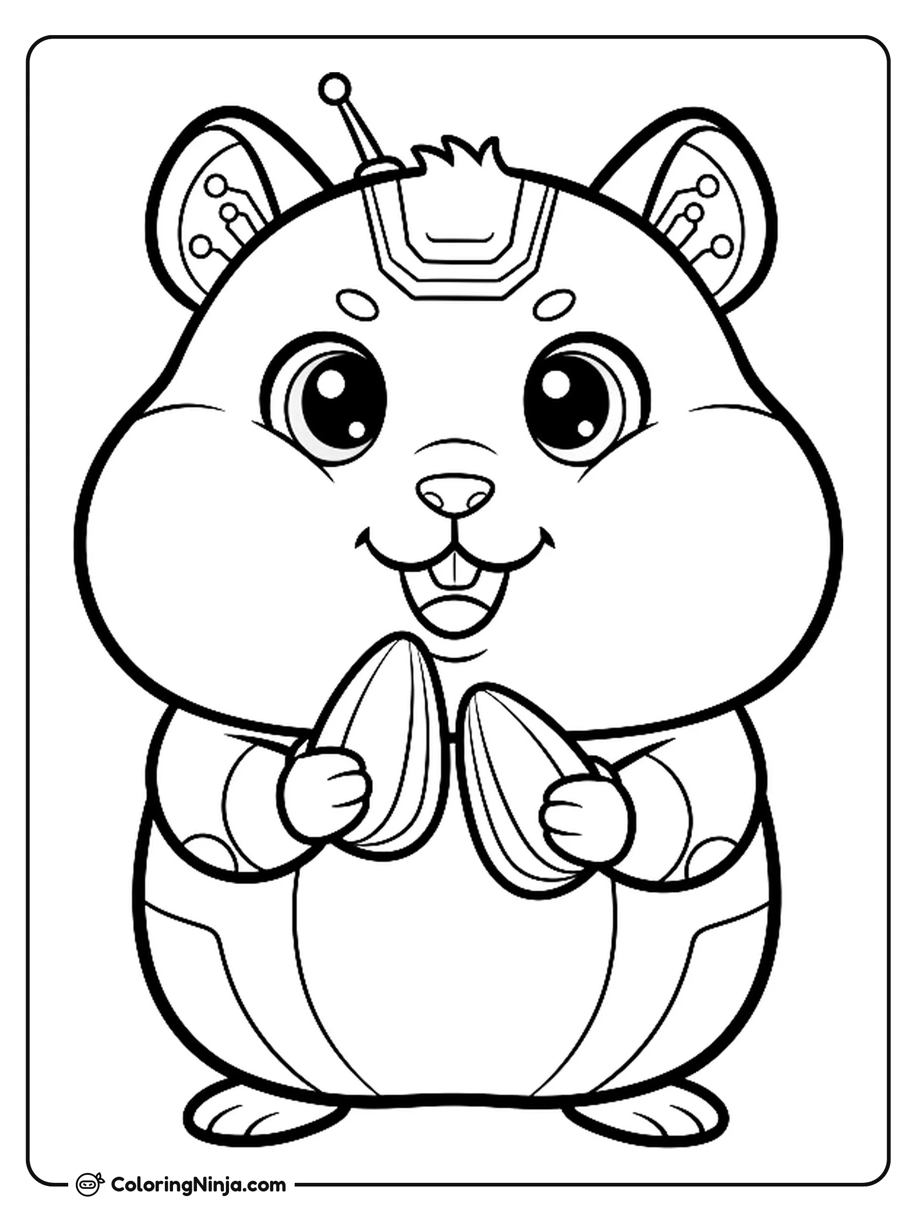 Cute Kawaii Robot Hamster Coloring Page: An adorable kawaii robot hamster with rounded shapes smiles while eating robot sunflower seeds.