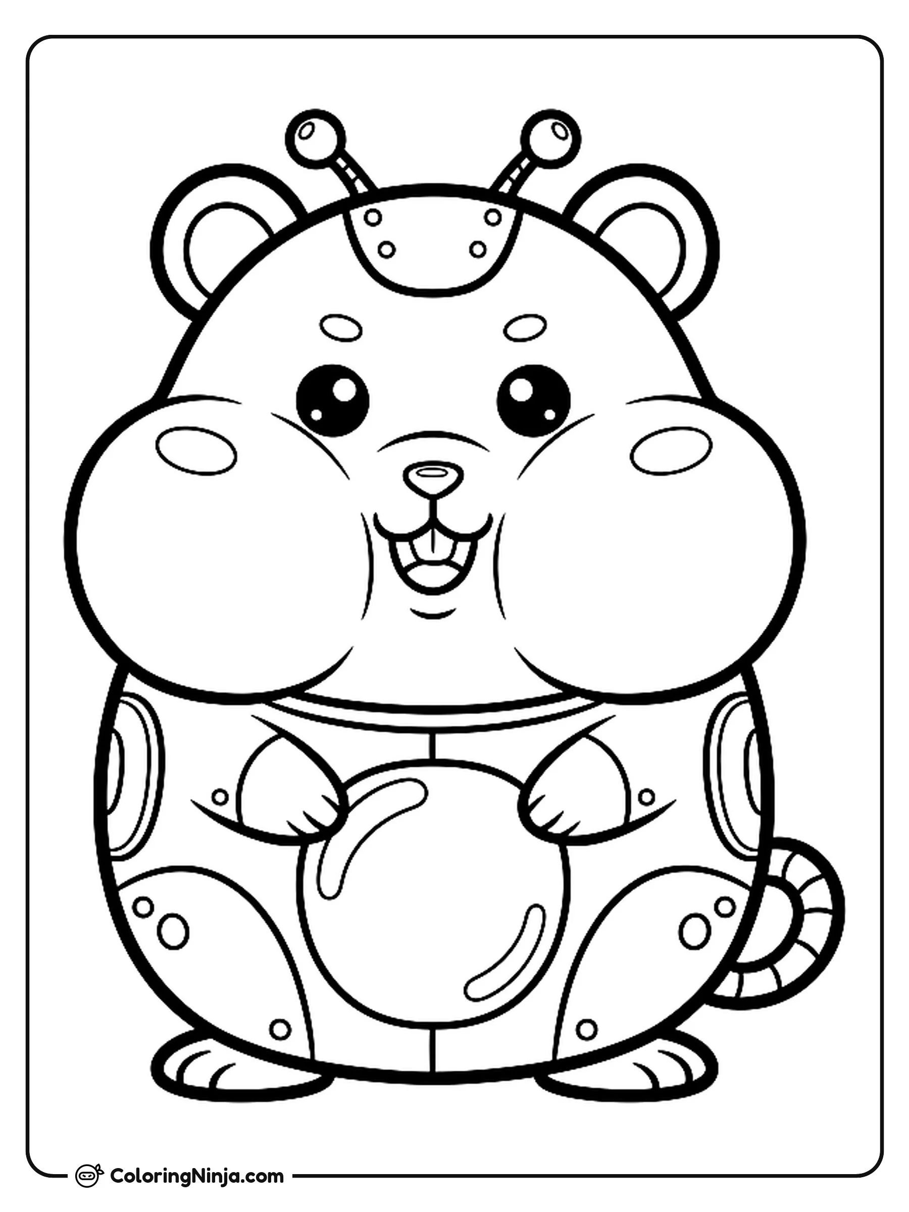 Cute Kawaii Robot Hamster Coloring Page: An adorable kawaii robot hamster smiles cheerfully while looking directly forward.