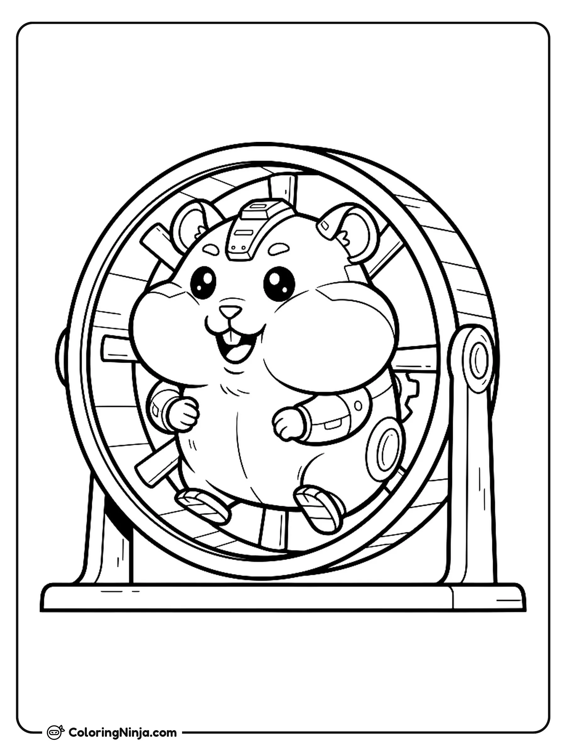 Cute Kawaii Robot Hamster Coloring Page: An adorable kawaii robot hamster with rounded shapes and robotic details on its head features huge cheeks and a happy smile.