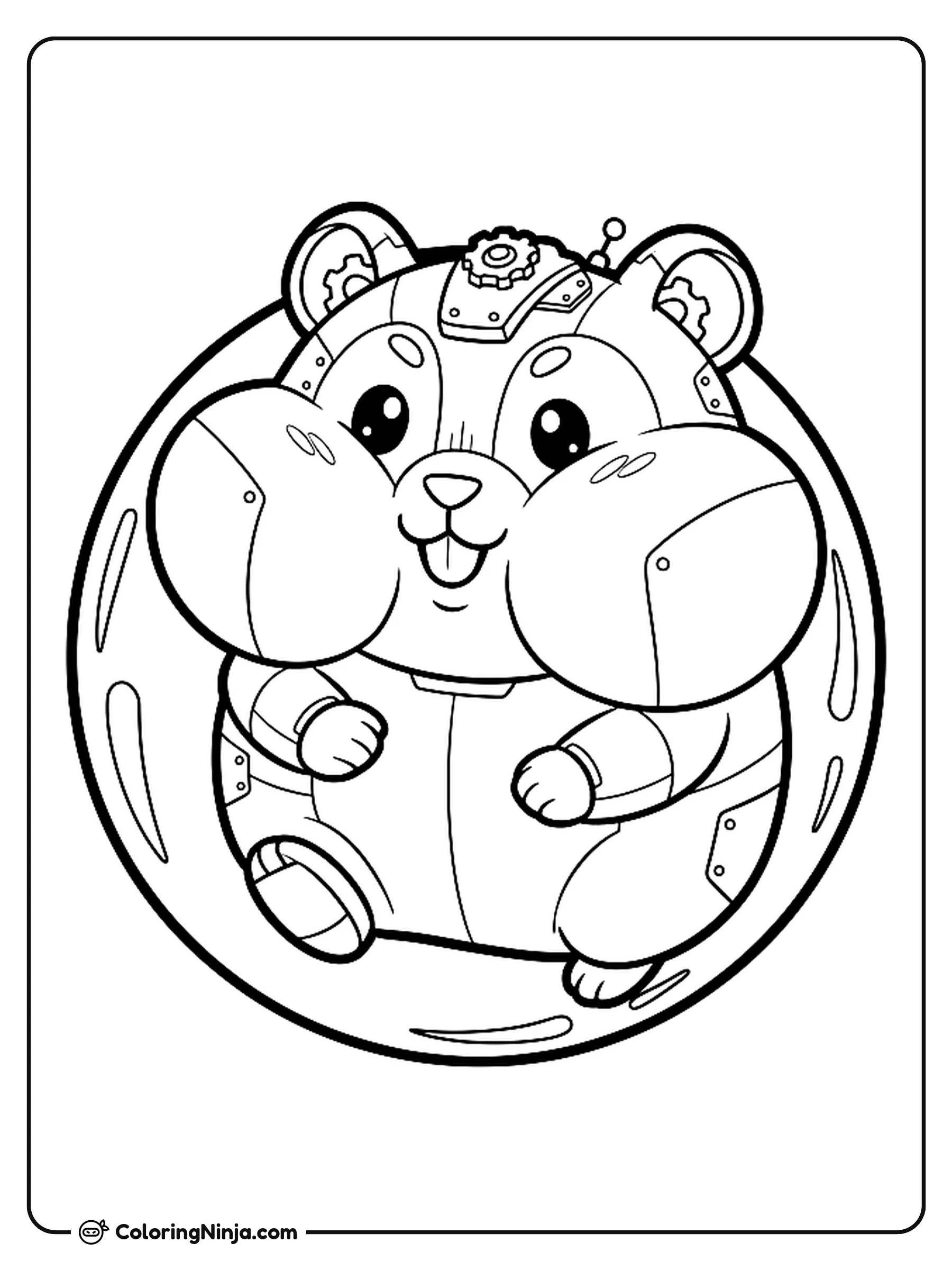 Cute Kawaii Robot Hamster Coloring Page: An adorable kawaii robot hamster with rounded shapes and mechanical details on its head is smiling as it runs inside a giant hamster ball.