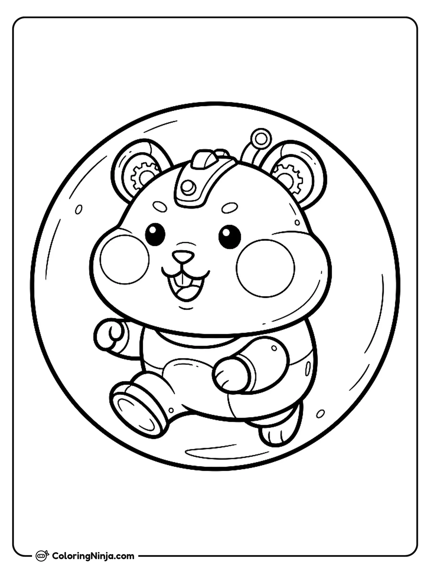 Kawaii Robot Hamster Coloring Page: An adorable kawaii robot hamster with rounded shapes and futuristic details on its head features giant, puffy cheeks.