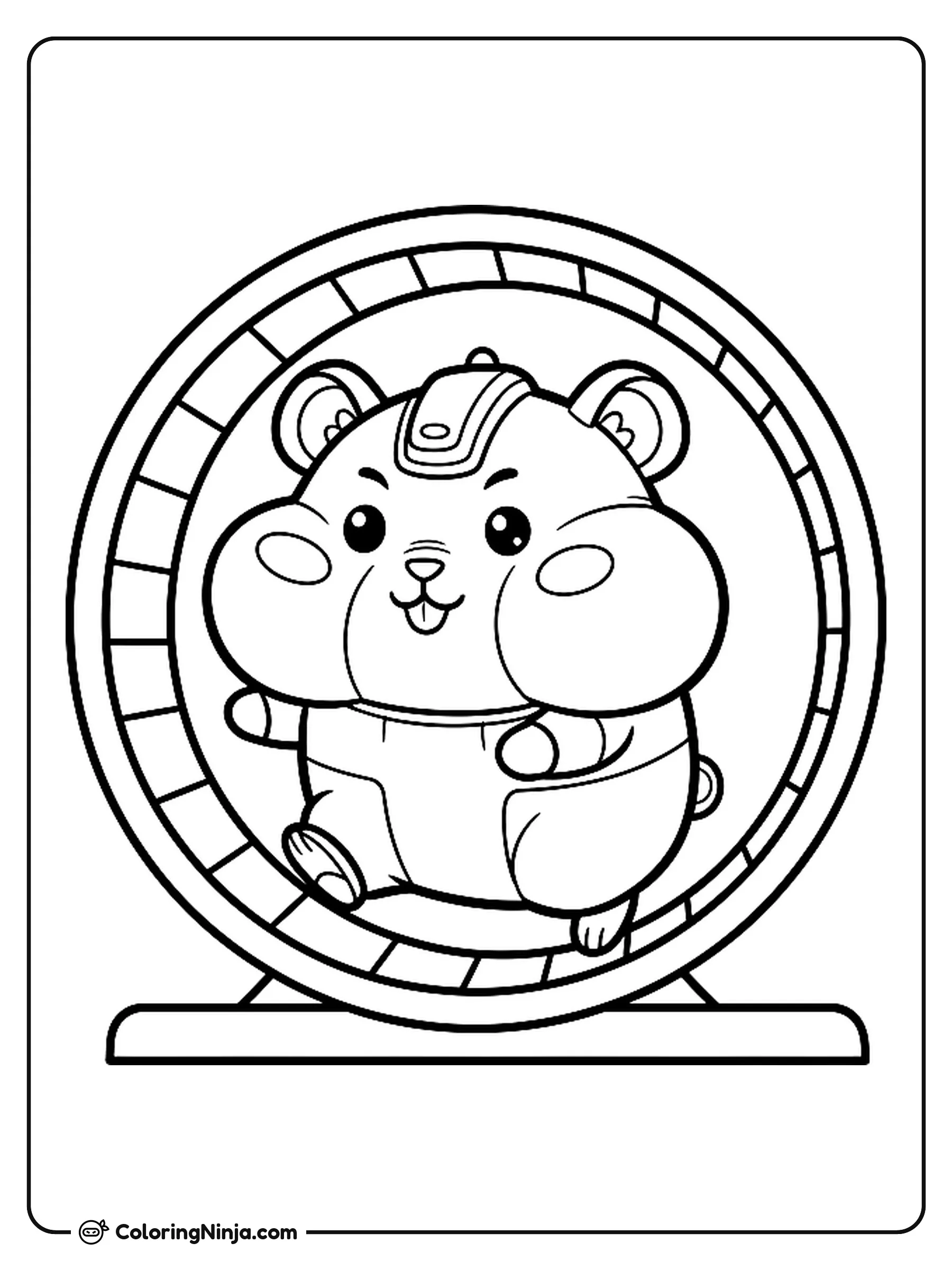Kawaii Robot Hamster Coloring Page: An adorable kawaii-style robot hamster features a rounded body, large cheeks, and robotic details on its head. The smiling little robot is actively running inside a giant hamster wheel.
