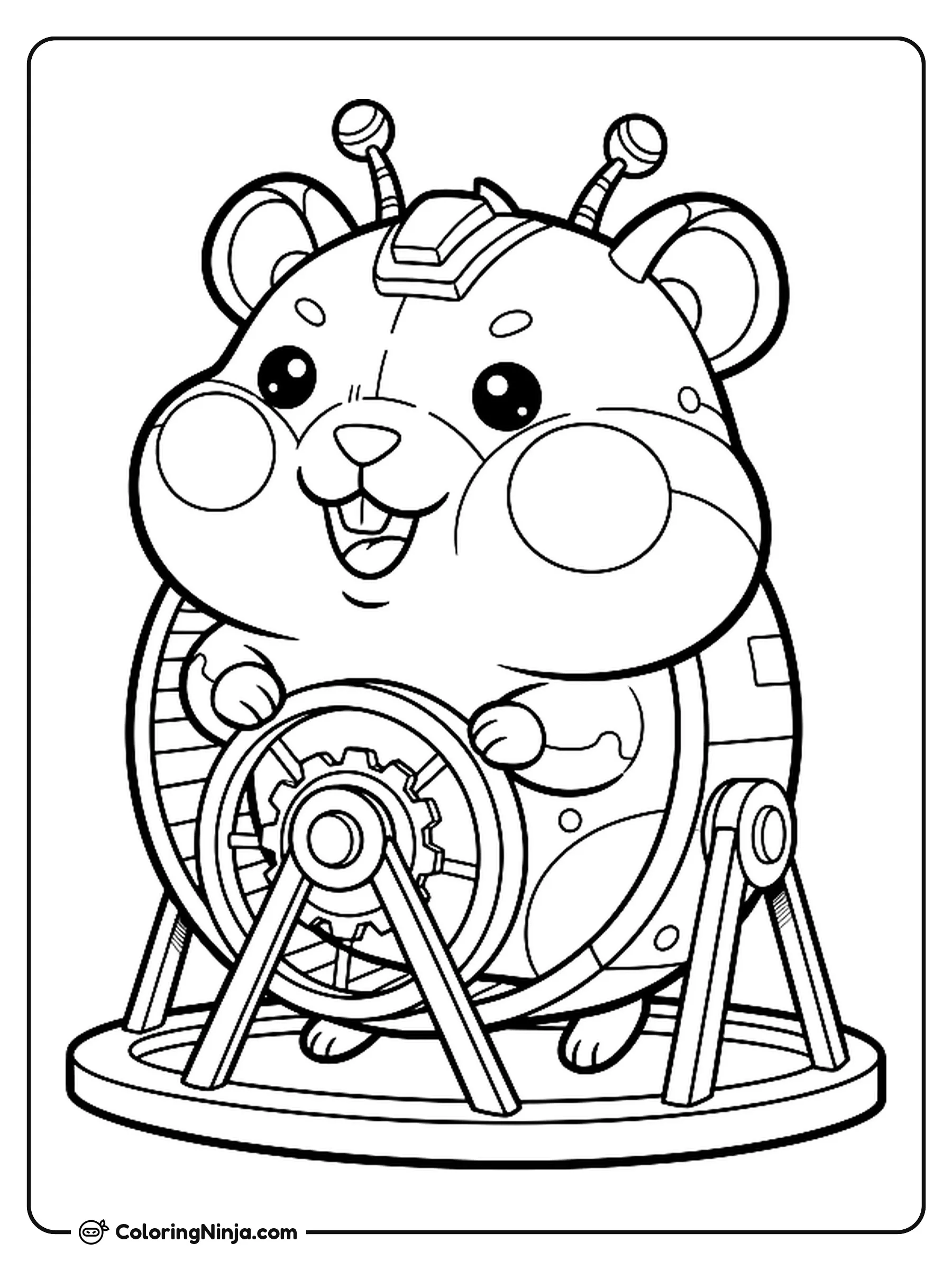 Kawaii Robot Hamster Coloring Page: An adorable kawaii-style robot hamster with rounded shapes and big cheek pouches runs on a small mechanical wheel.