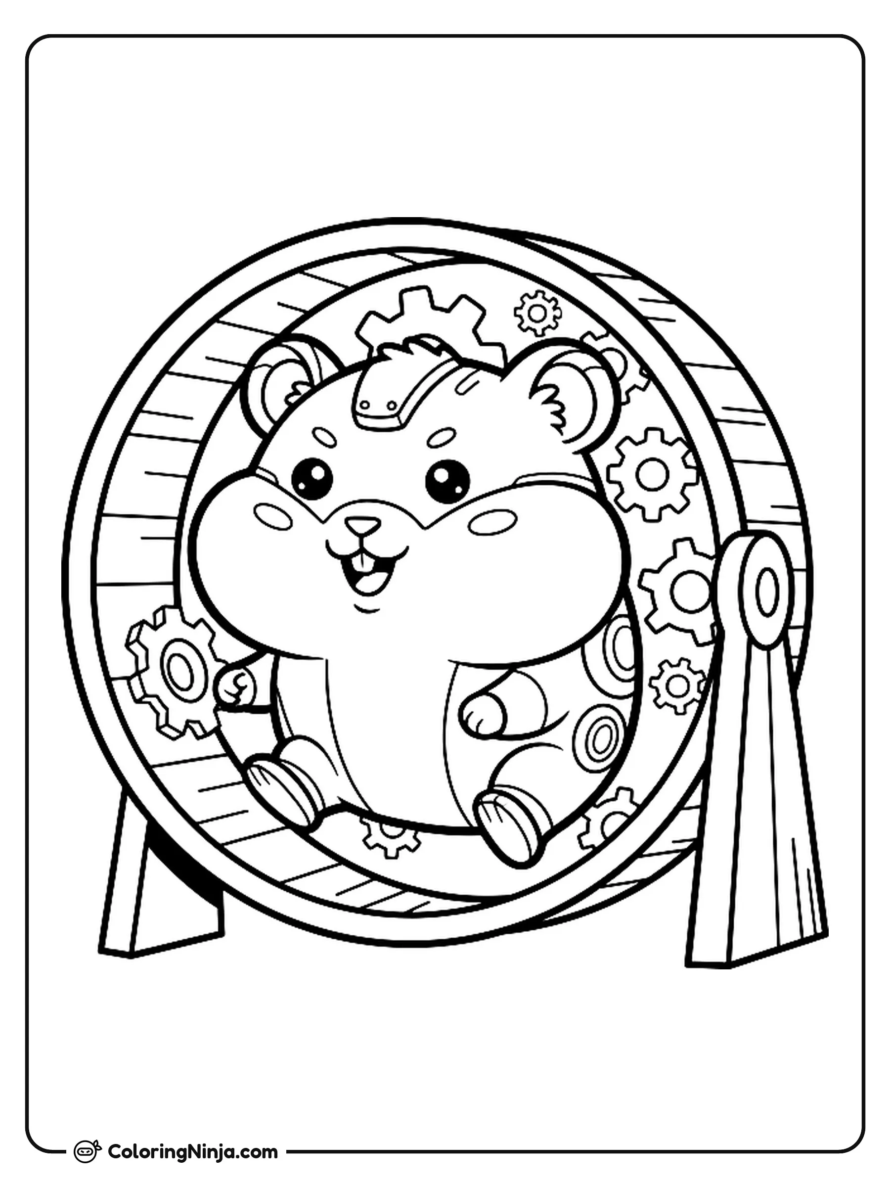 Kawaii Cute Robot Hamster Coloring Page: An adorable kawaii-style robot hamster with rounded shapes and big rosy cheeks runs inside a mechanical hamster wheel.