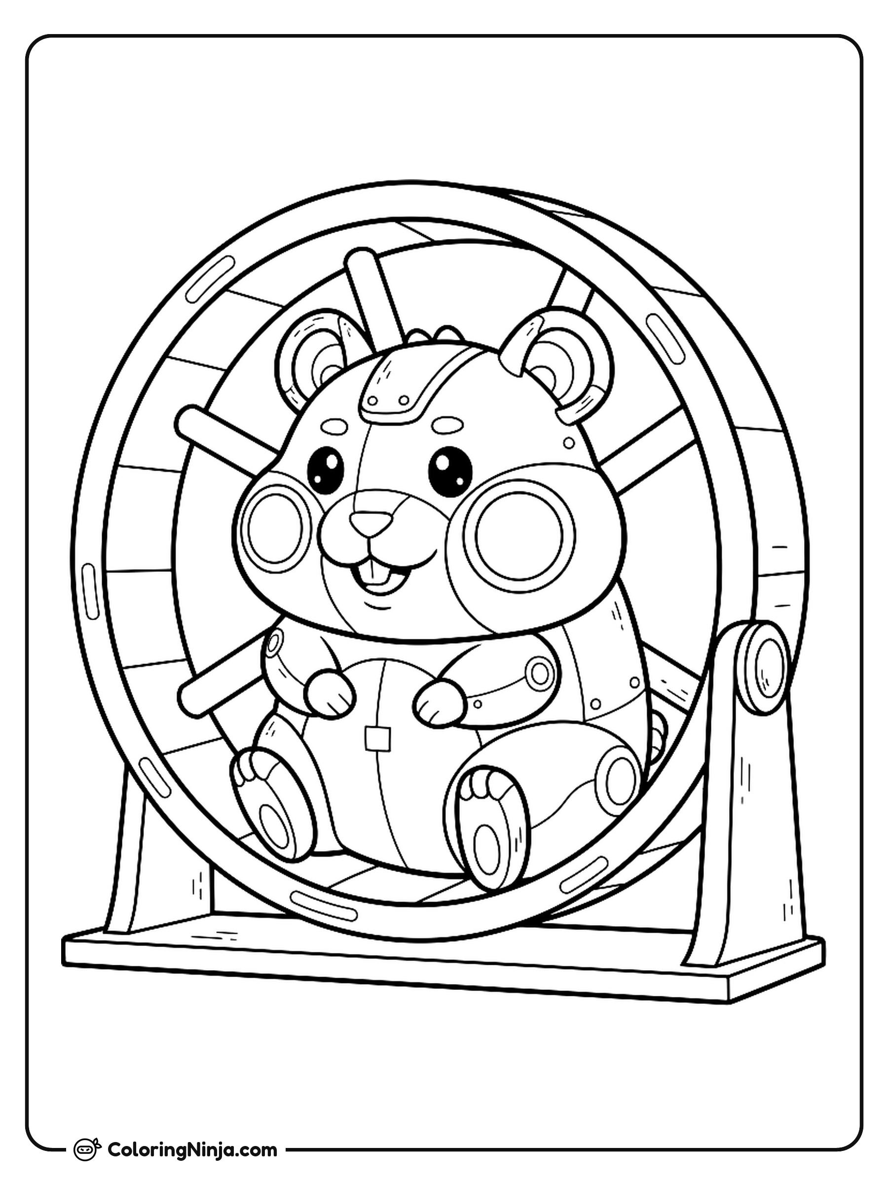 Hámster Robot Kawaii en su Rueda: dibujo para colorear
